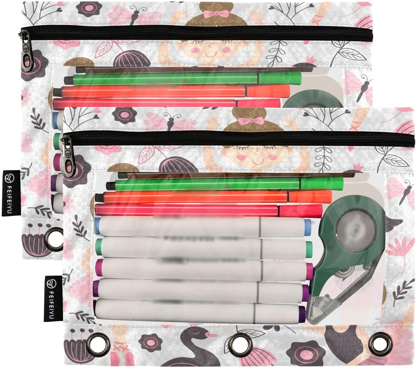 Linda bolsa de lápices de bailarina para carpeta de 3 anillos, 2 bolsas para lápices con cremallera, estuche transparente con cremallera para