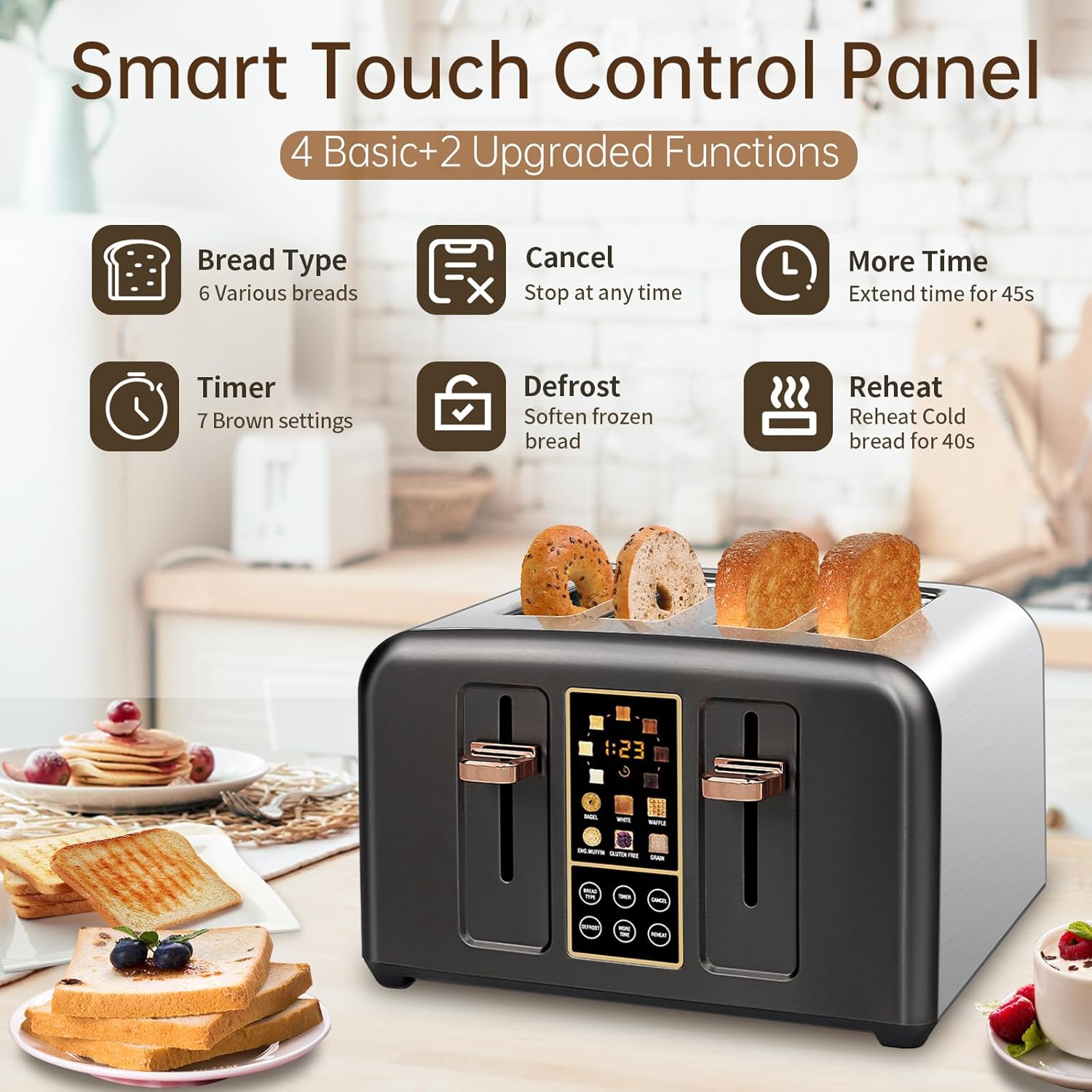 SEEDEEM Tostadora de 4 rebanadas, pantalla LCD de acero inoxidable y botón táctil, 6 selección de pan, 7 ajustes de sombra, tostadora de ranuras de