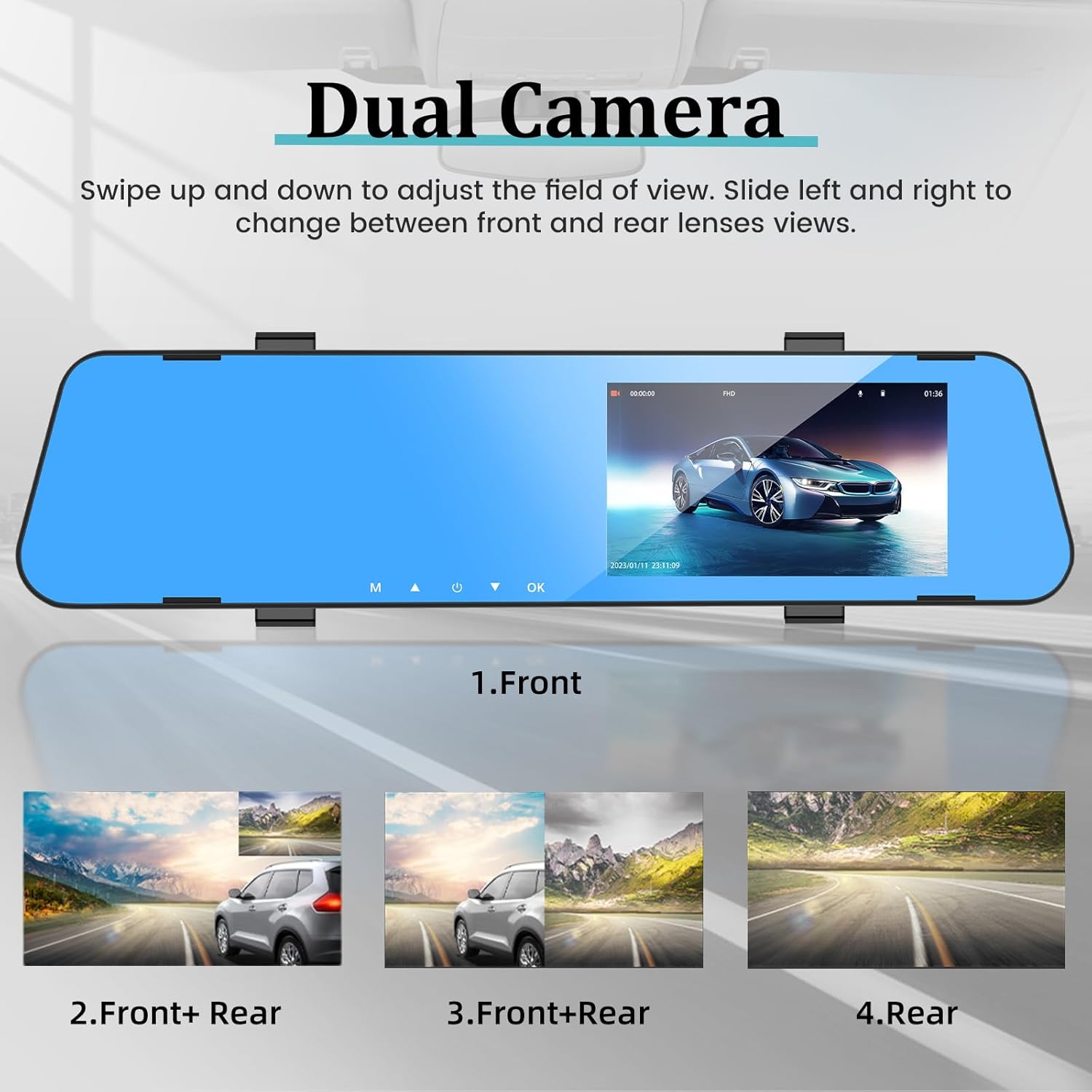 Cámara de espejo retrovisor de 4.5 pulgadas para automóvil con tarjeta TF de 64G, pantalla táctil IPS de 1080P, grabación de bucle, ángulo ancho de