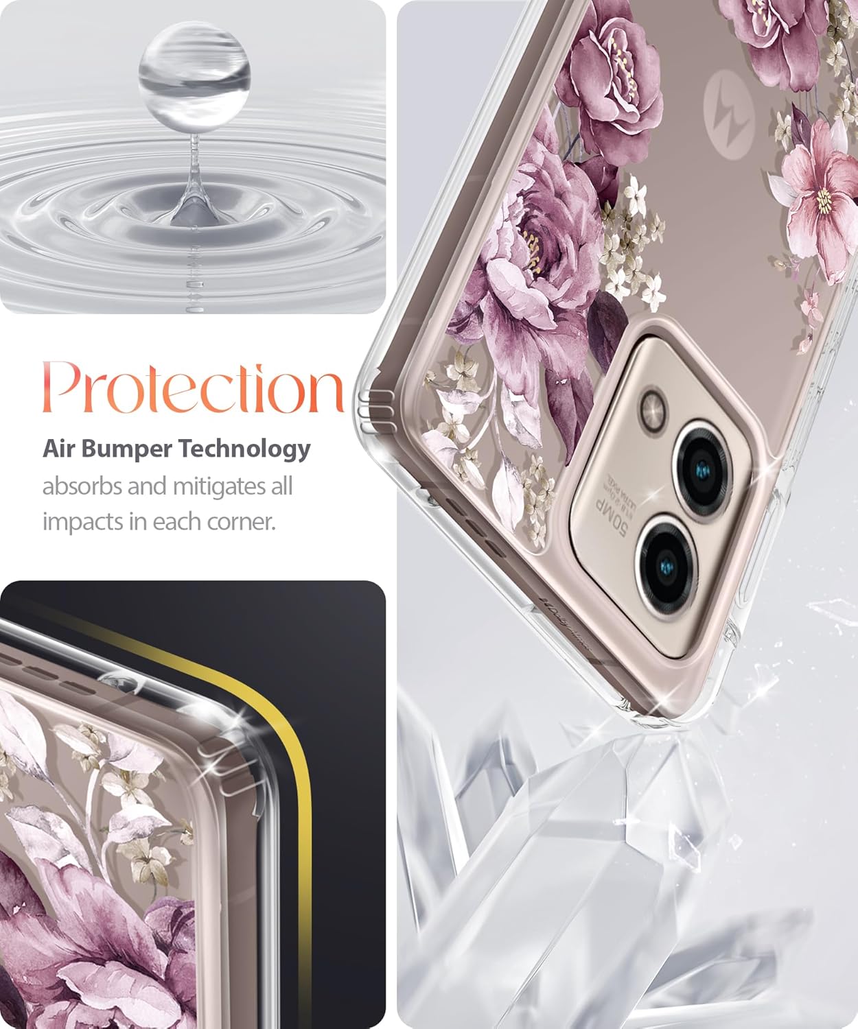 Funda protectora delgada para Moto G Stylus-5G-2023, diseño de flores transparentes a prueba de golpes de policarbonato duro + TPU parachoques