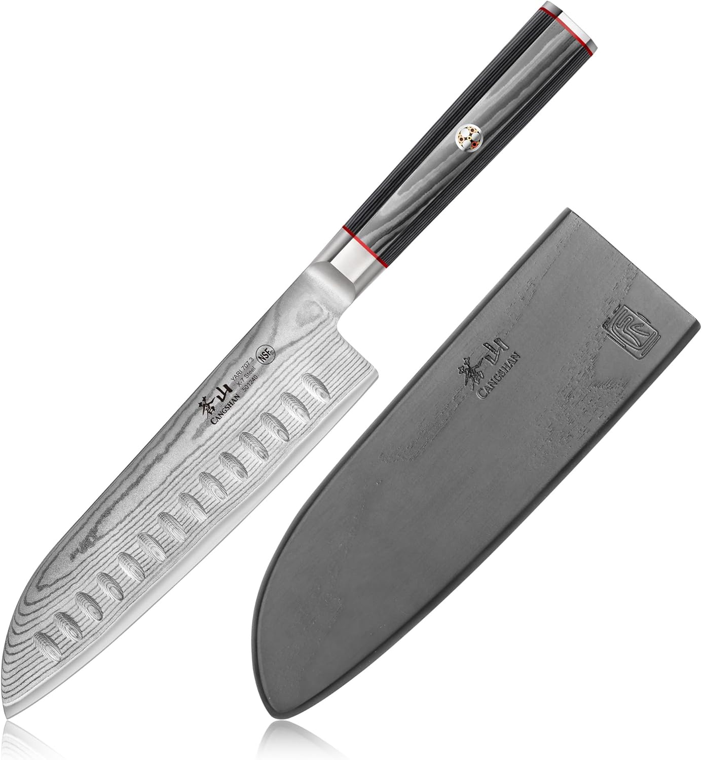 Cangshan YARI Series 501240 X-7 Cuchillo Santoku de acero Damasco de 7 pulgadas con funda