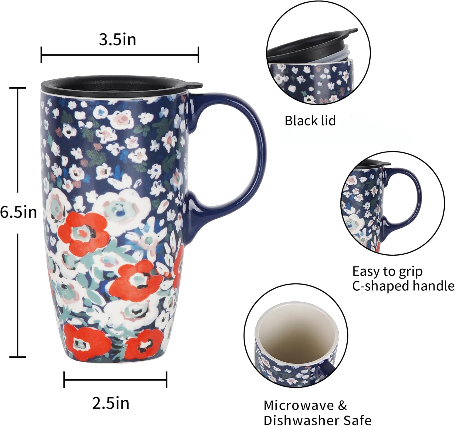 Topadorn Taza de cerámica de café Taza de té de porcelana con tapa 17oz. Floral
