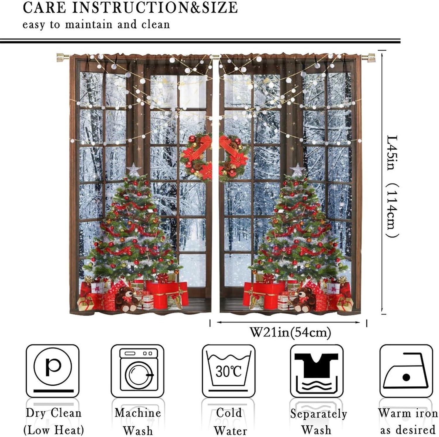 Cortinas de Navidad, regalo de árbol de Navidad de invierno, oso marrón, con purpurina, ventana, estampado de escenas de nieve, decoración del