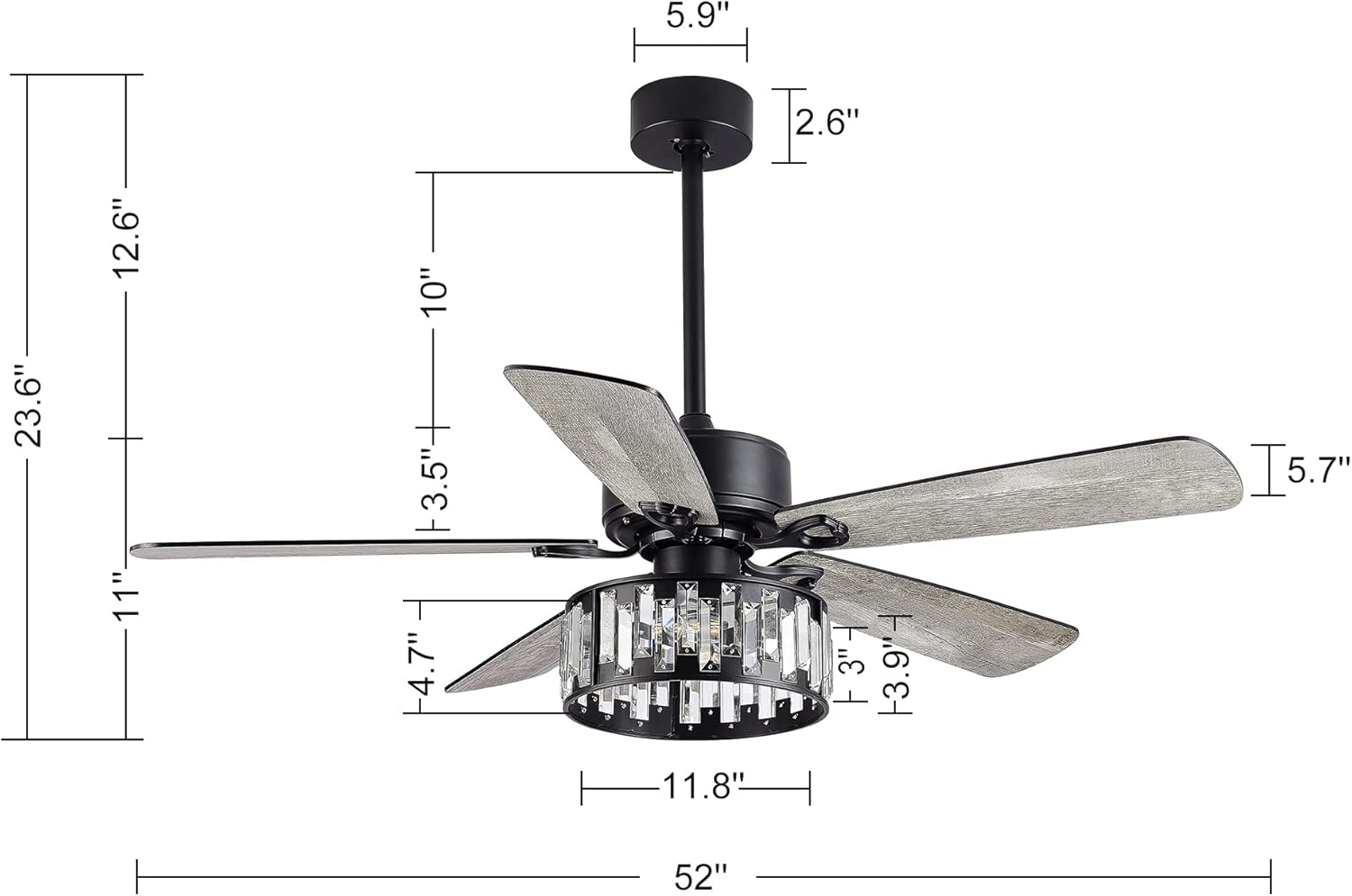 Ventilador de techo rústico de 52 pulgadas con control remoto de luz, motor de CA reversible silencioso, 5 cuchillas de doble acabado, ventilador de