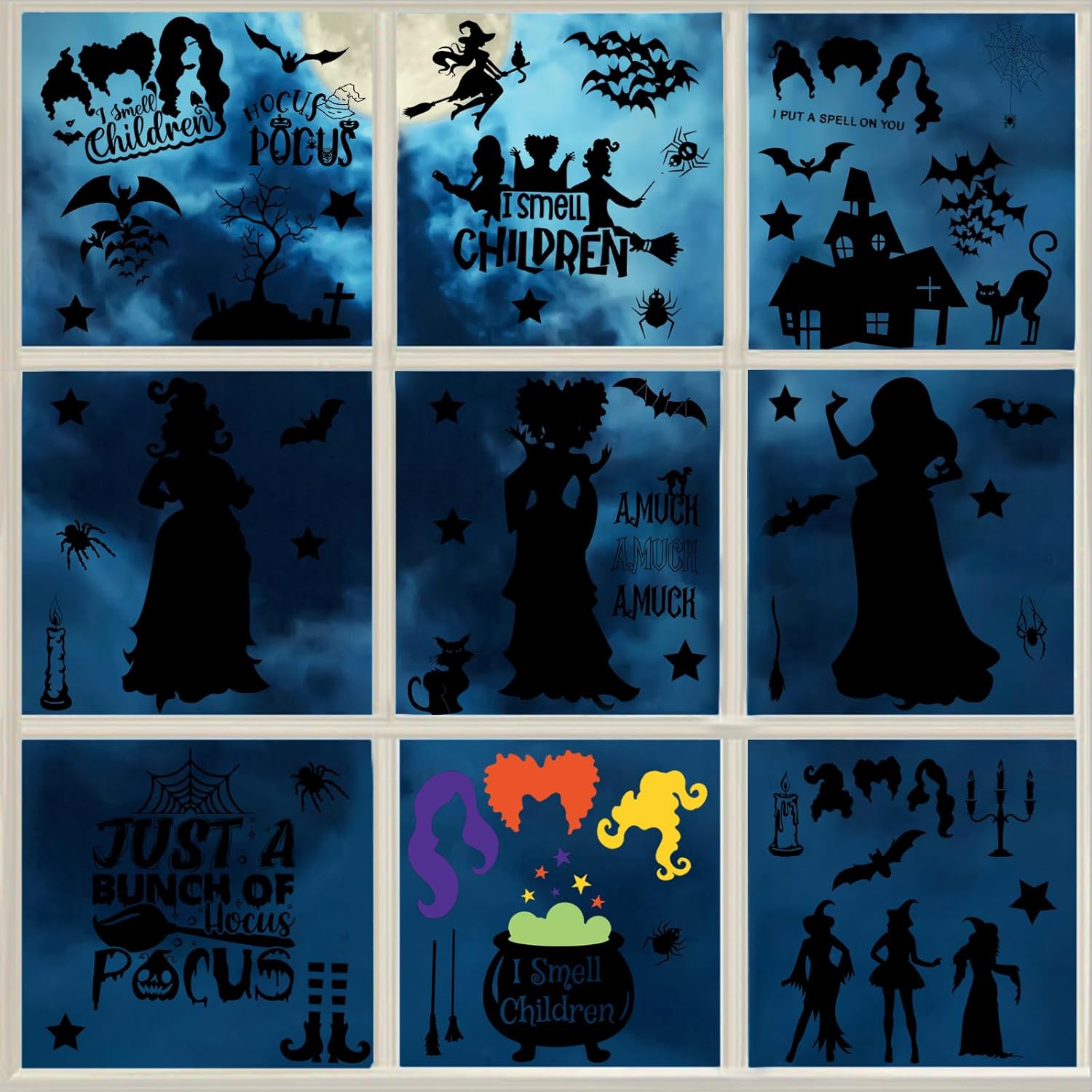 Decoraciones de Hocus Pocus, calcomanías de ventana de Halloween, 9 hojas, 91 piezas de calcomanías de Hocus Pocus de doble cara, calcomanías de
