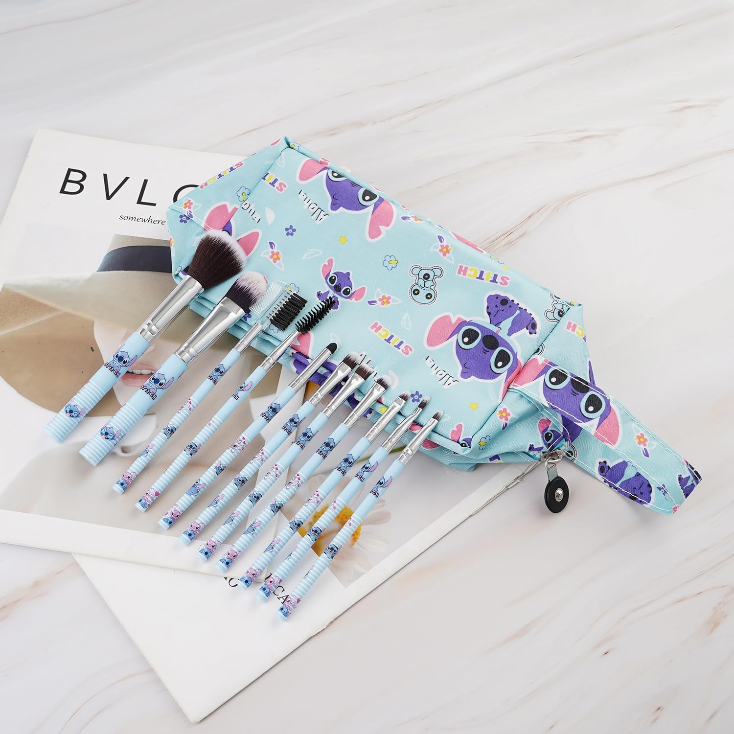 Bolsa de maquillaje de puntada con brocha de maquillaje, estuche de cosméticos de felpa para puntadas, 12 piezas, bolsa de capacidad para brochas de