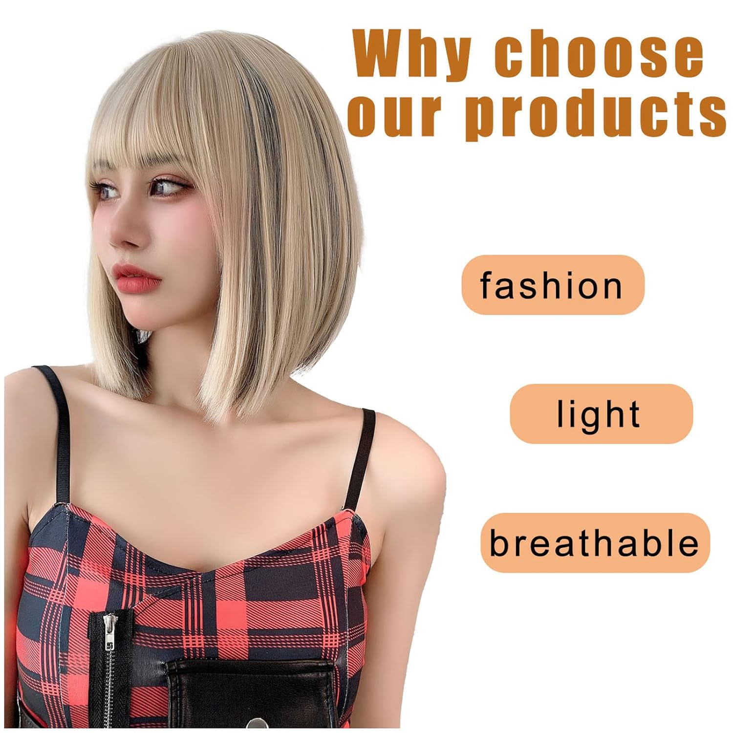 Lotfon Peluca Bob con flequillo para mujeres americanas, pelucas de pelo corto ondulado para mujer (mezcla de rubio negro)