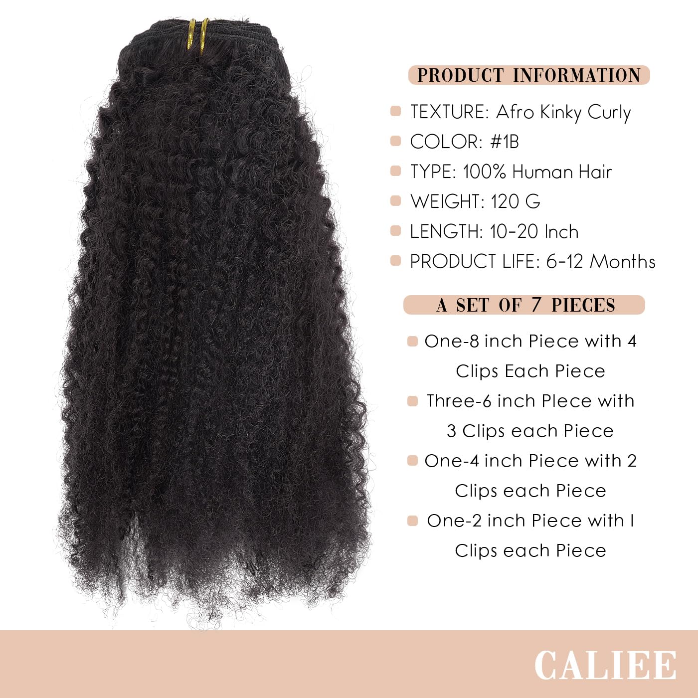 Caliee Extensiones de cabello humano con clip 3C y 4A, 100% virgen, para mujeres negras, afro, rizado, doble trama, 7 piezas, 20 pulgadas