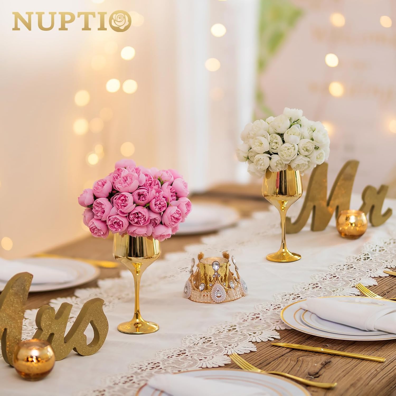 NUPTIO Jarrones pequeños de vidrio con flores 2 juegos de jarrones dorados de 8.3 pulgadas con flores artificiales de color rojo rosa para centros