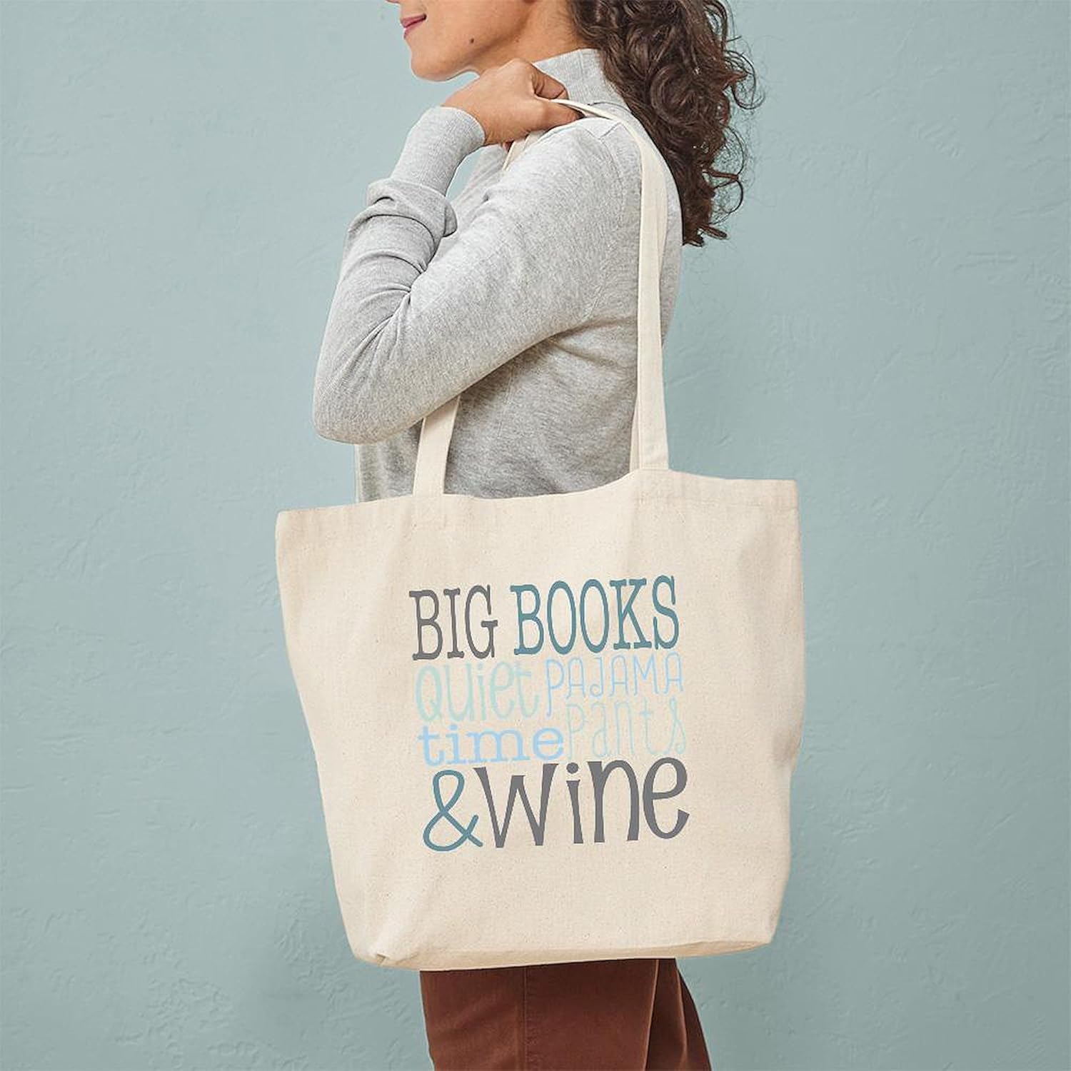 CafePress Big Books, Pajamas,Quiet, Wine Blue Tote Bag Natural Canvas Tote Bag, Cloth Shopping Bag