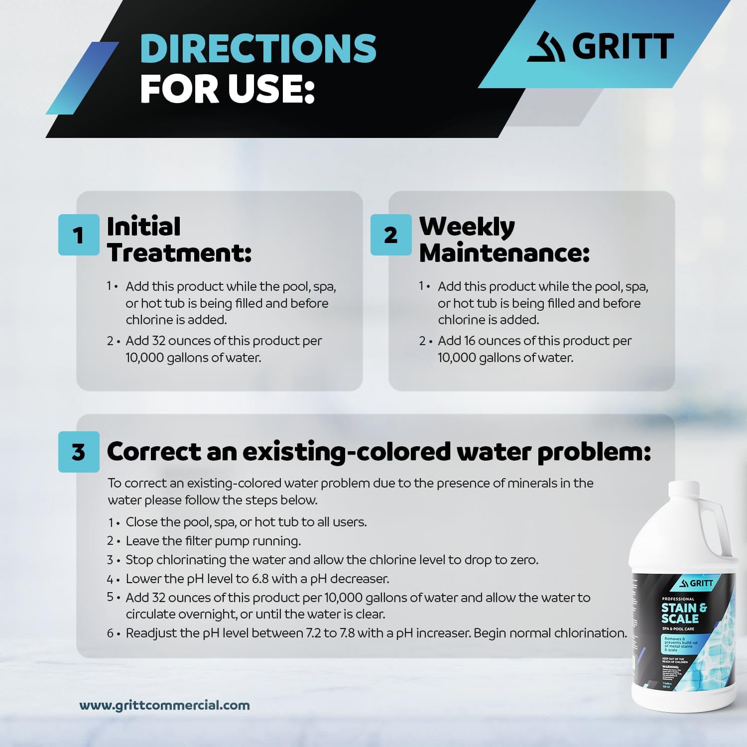 Gritt Commercial Control de manchas y incrustaciones de metal  Productos químicos para piscina, bañera de hidromasaje y spa para control de metales