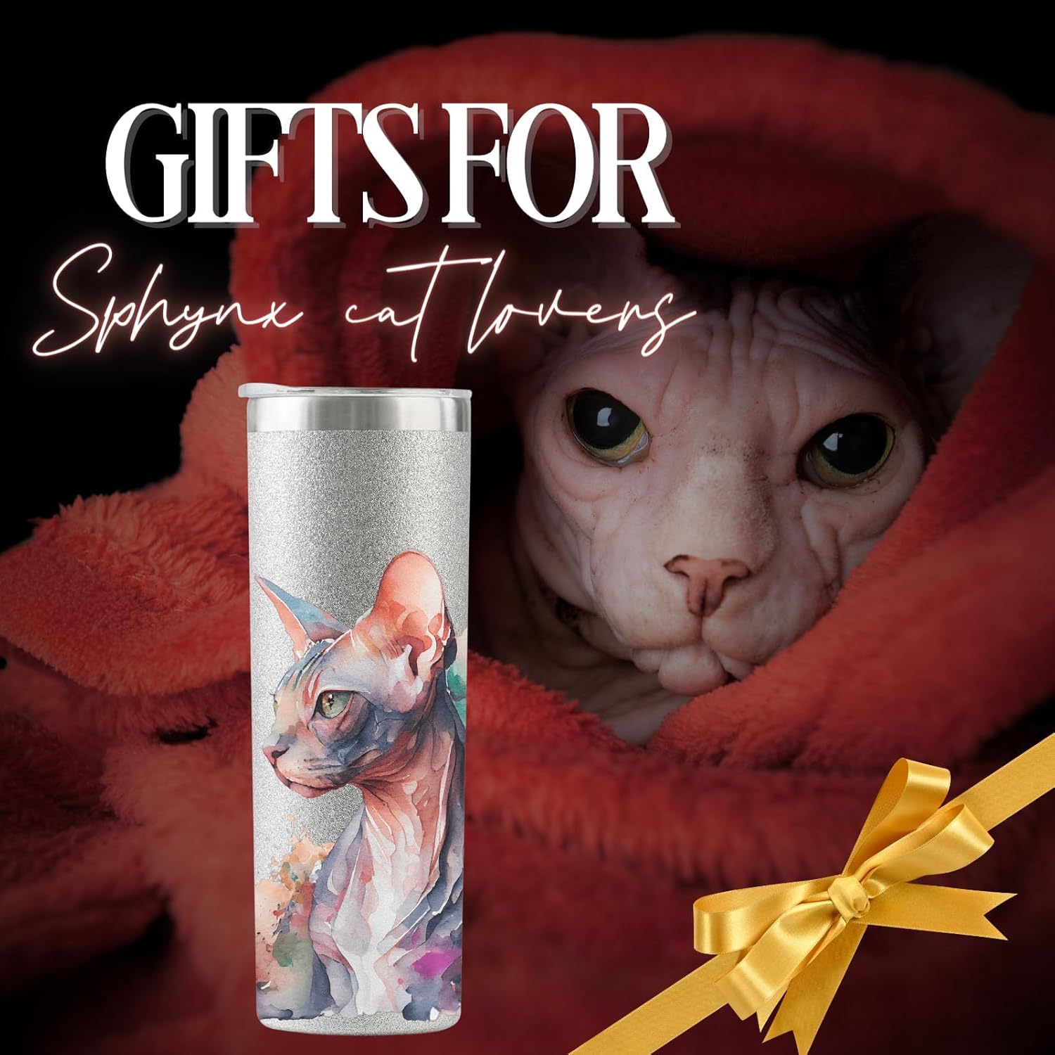 Onebttl Sphynx – Regalos para gatos de Esfinge, mamá o papá, vaso aislado de acero inoxidable de 20 onzas con popote, cepillo, tapa y caja de regalo