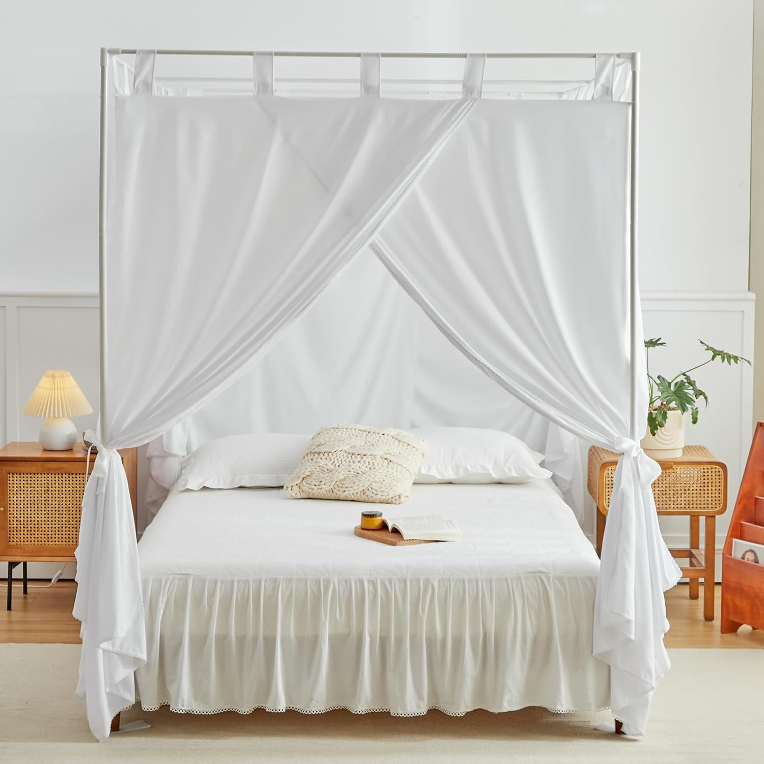 AIKASY Cortinas de cama blancas con lazos superiores y alzapaños para decoración de dormitorio, cortinas de cama de tamaño individual con