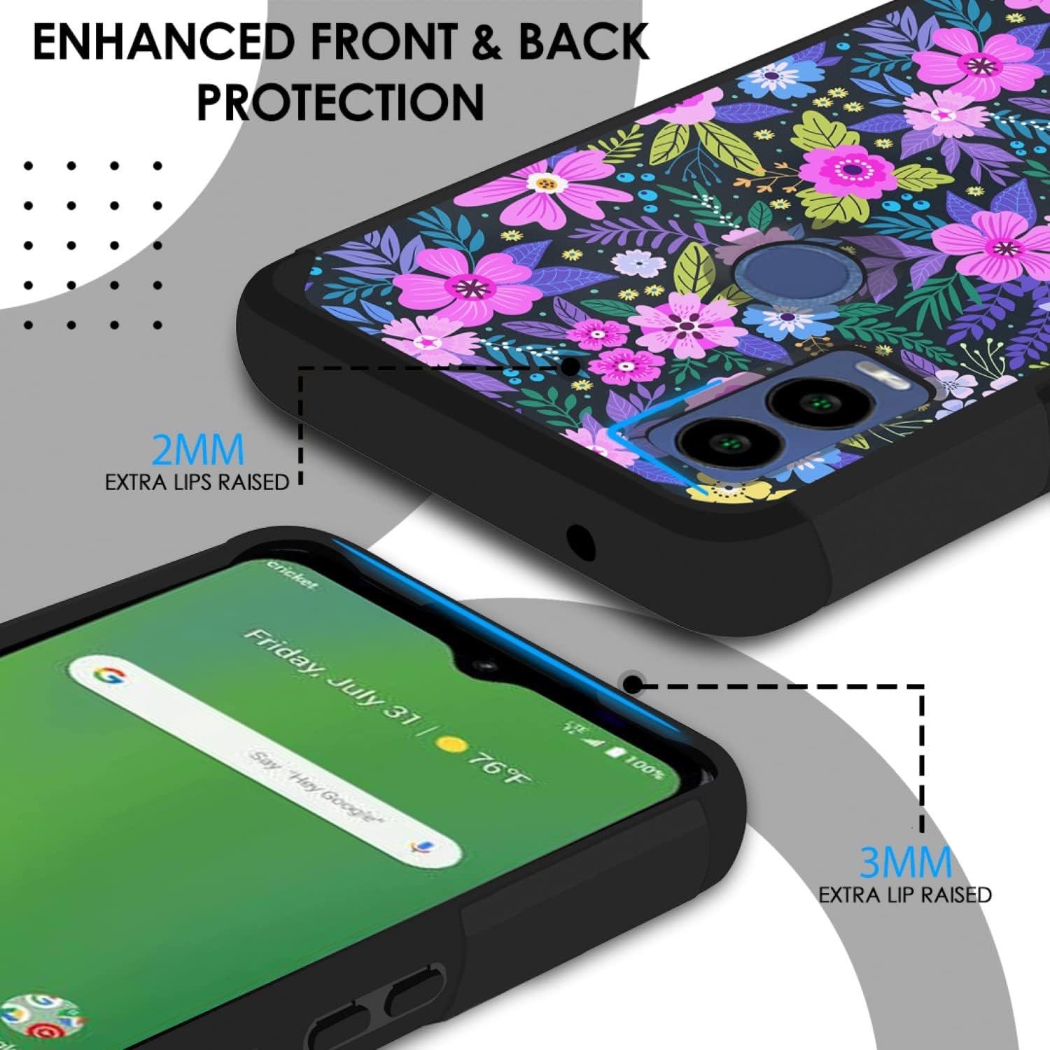 TJS Funda para Cricket Innovate E 5G (solo versión E, juego de 2 cámaras), con protector de pantalla de vidrio templado híbrido de doble capa