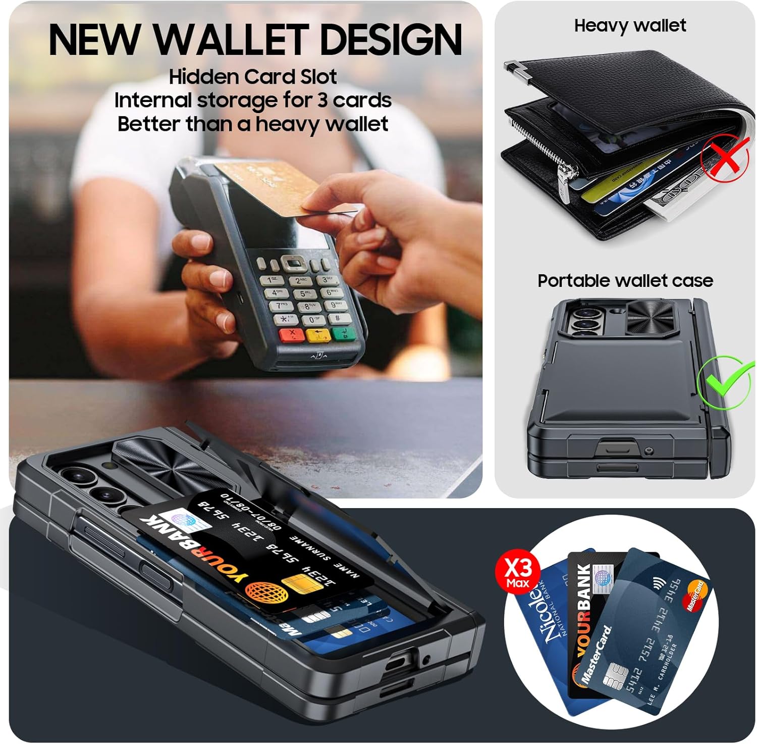 Vizvera Funda tipo cartera para Samsung Galaxy Z Fold 5 con tarjeterocubierta de cámara deslizanteprotección de bisagraprotector de pantalla frontal