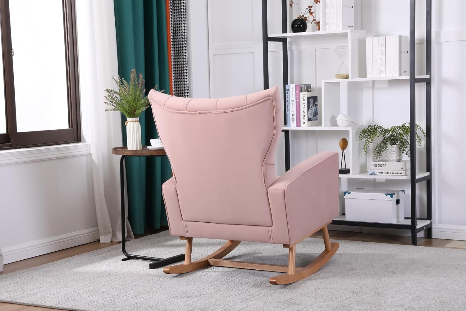 TRIPLE TREE Mecedora de terciopelo, moderna silla mecedora tapizada con respaldo alto, cómoda mecedora con asiento acolchado y base de madera, silla