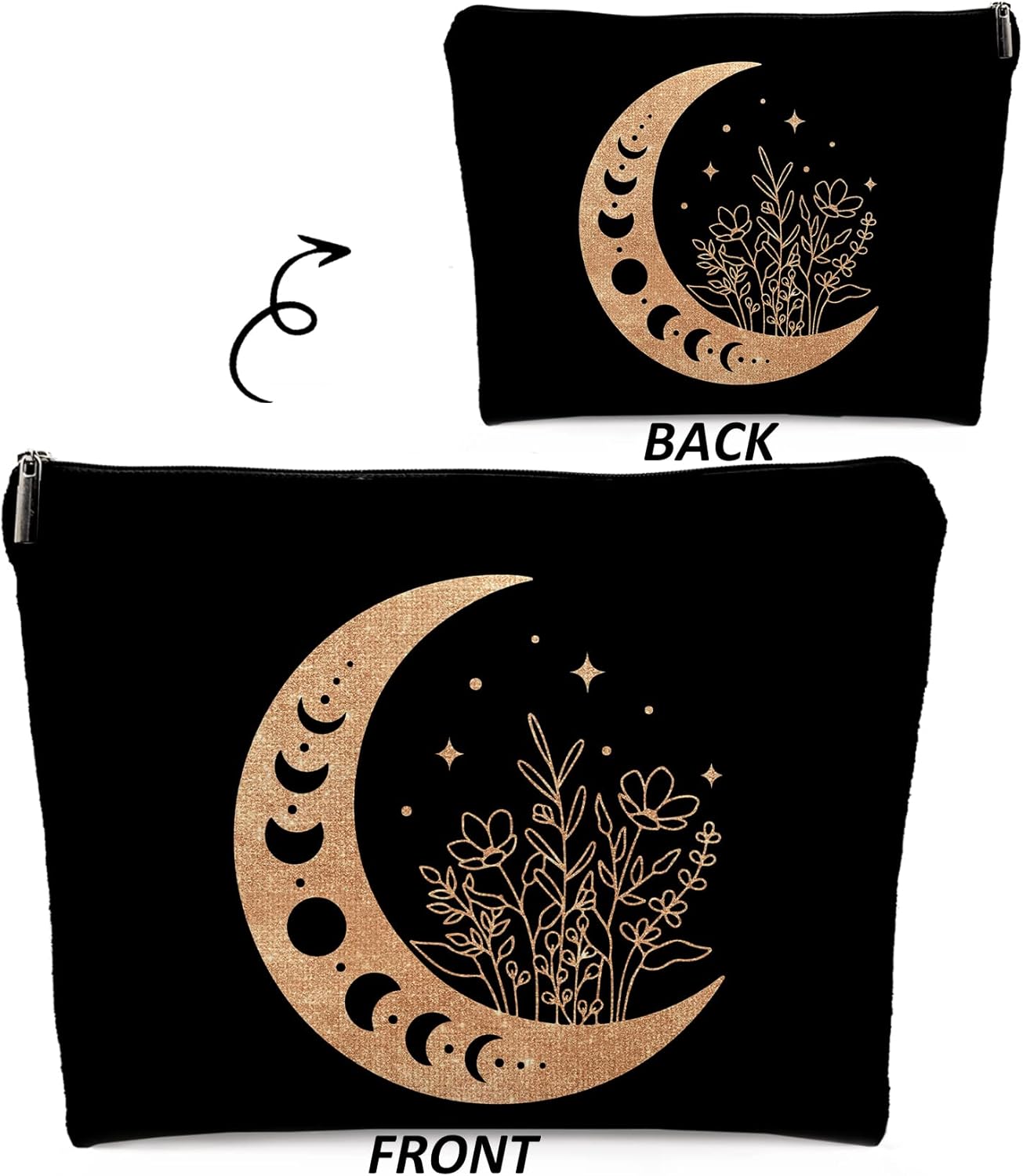 Dwept Bolsa de maquillaje bohemio floral celestial con fase lunar, luna creciente mística, de lino, bolsa de aseo de viaje, bolsa de cosméticos de