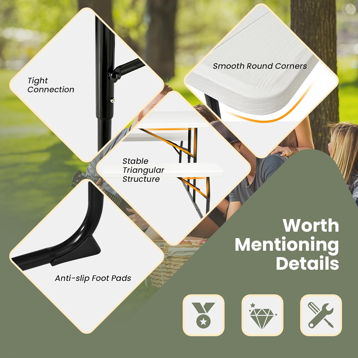 Tangkula Mesa de picnic plegable con 2 bancos, juego de mesa de campamento de metal para exteriores con textura de plástico similar a la madera y