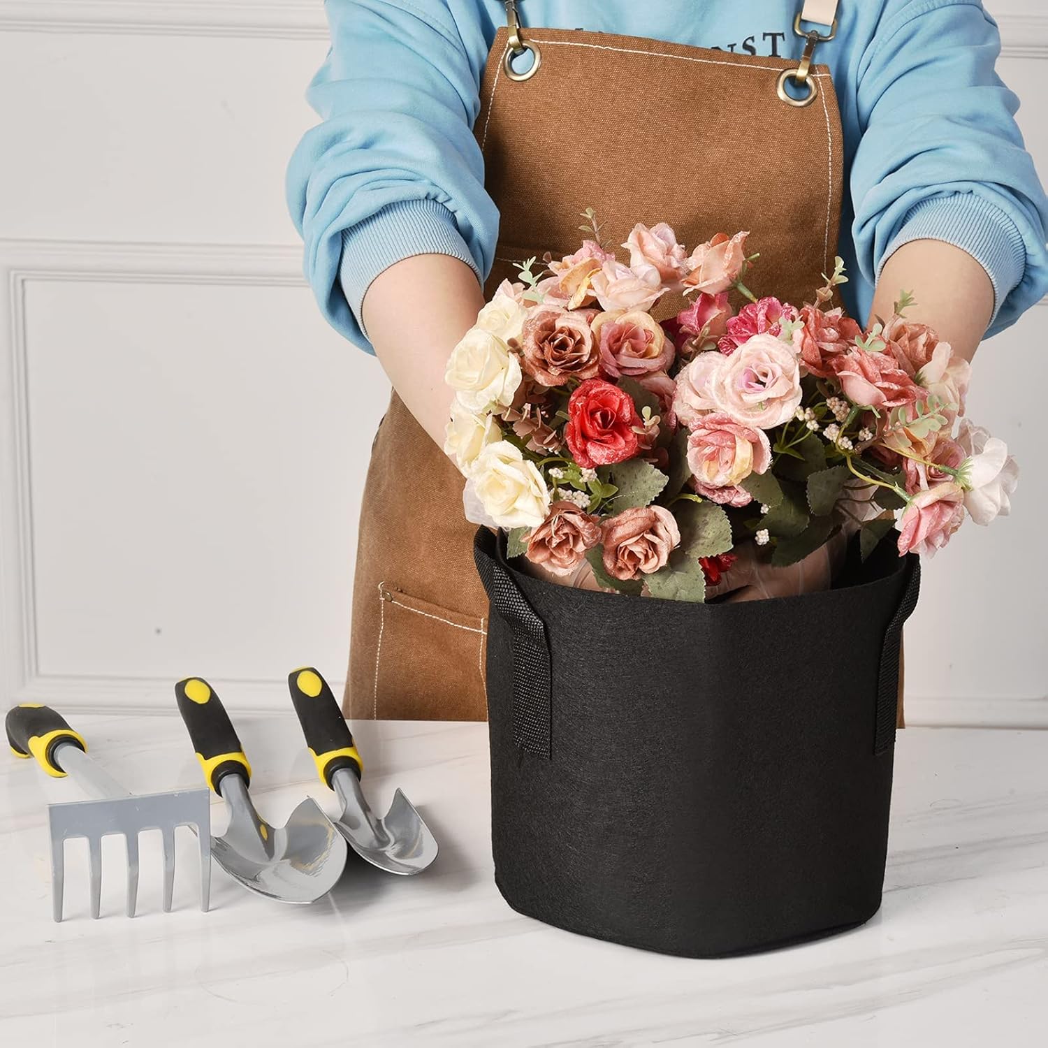 JNYONG NYONG – Paquete de 12 bolsas de cultivo no tejidas gruesas de 25 galones, macetas de tela de aireación con asas (negro)