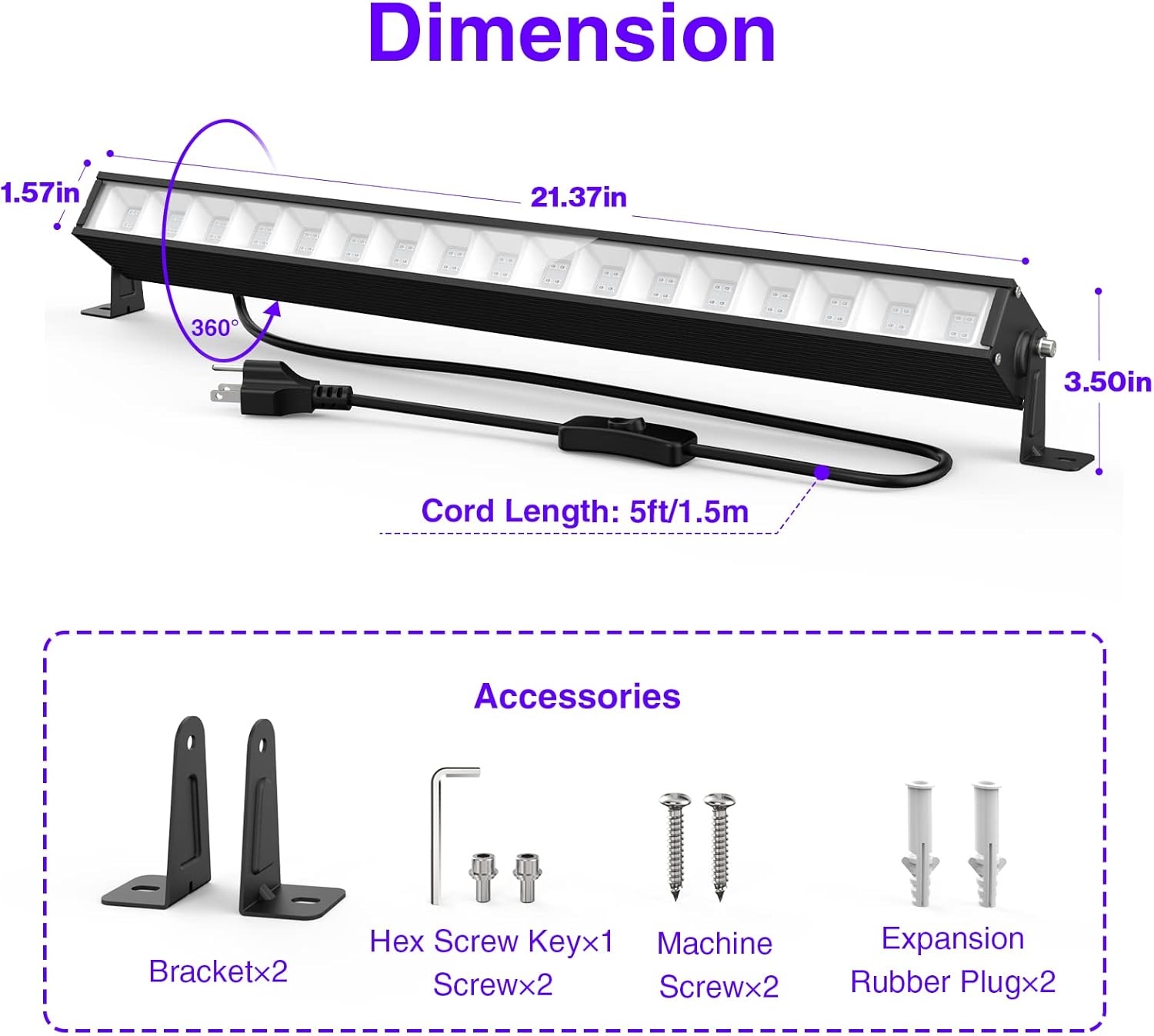 Atfoyer Luz LED negra de 60 W, luces negras para fiesta brillante, barra de luz negra con enchufe e interruptor, cada luz de 32 x 32 pies, luz