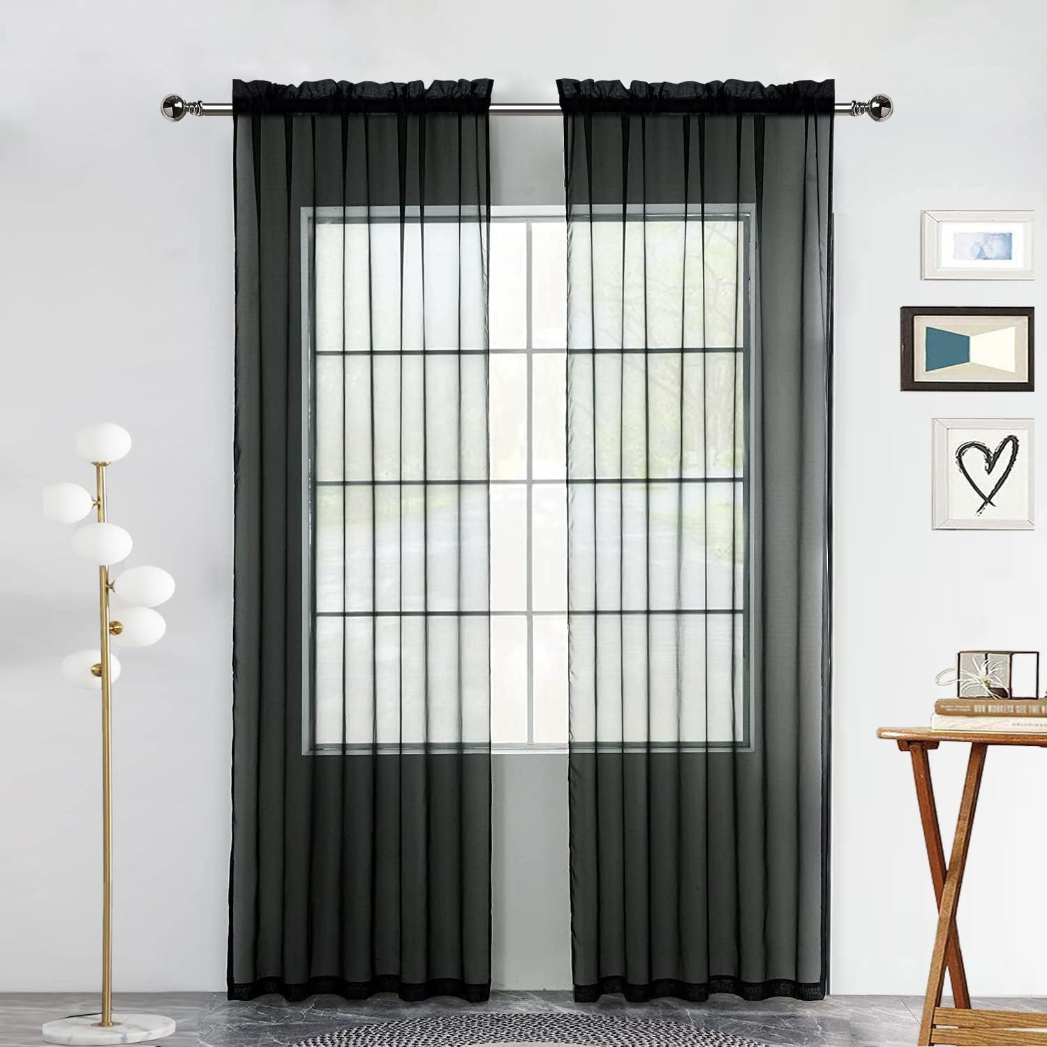 Cortina de gasa transparente sólida con bolsillo para barra, 2 paneles de cortinas de gasa blancas, beige, negro, gris, café, 52 pulgadas de ancho y