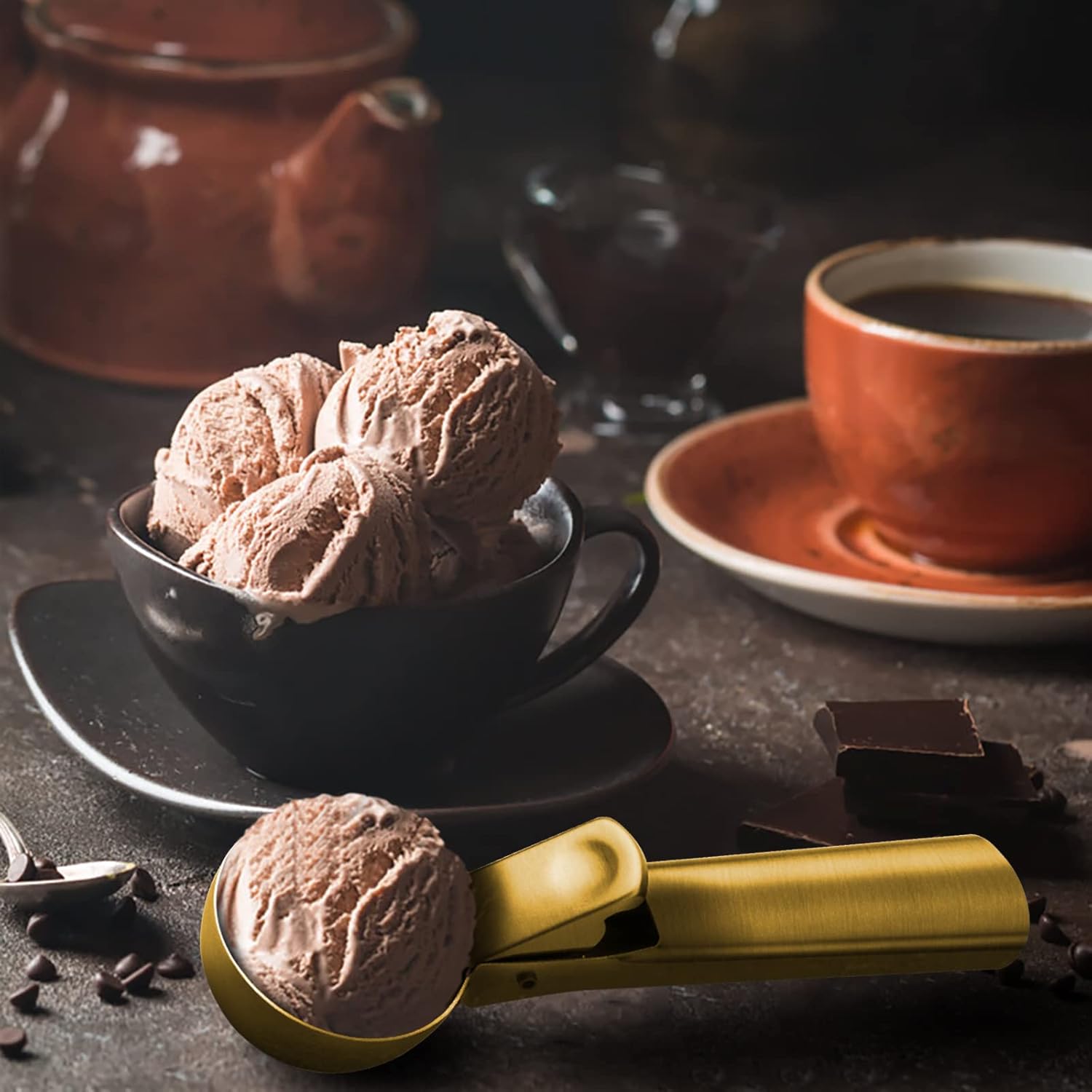 Cuchara de helado de alta calidad con gatillo de acero inoxidable, cuchara de metal resistente para helados, apta para lavavajillas, perfecta para