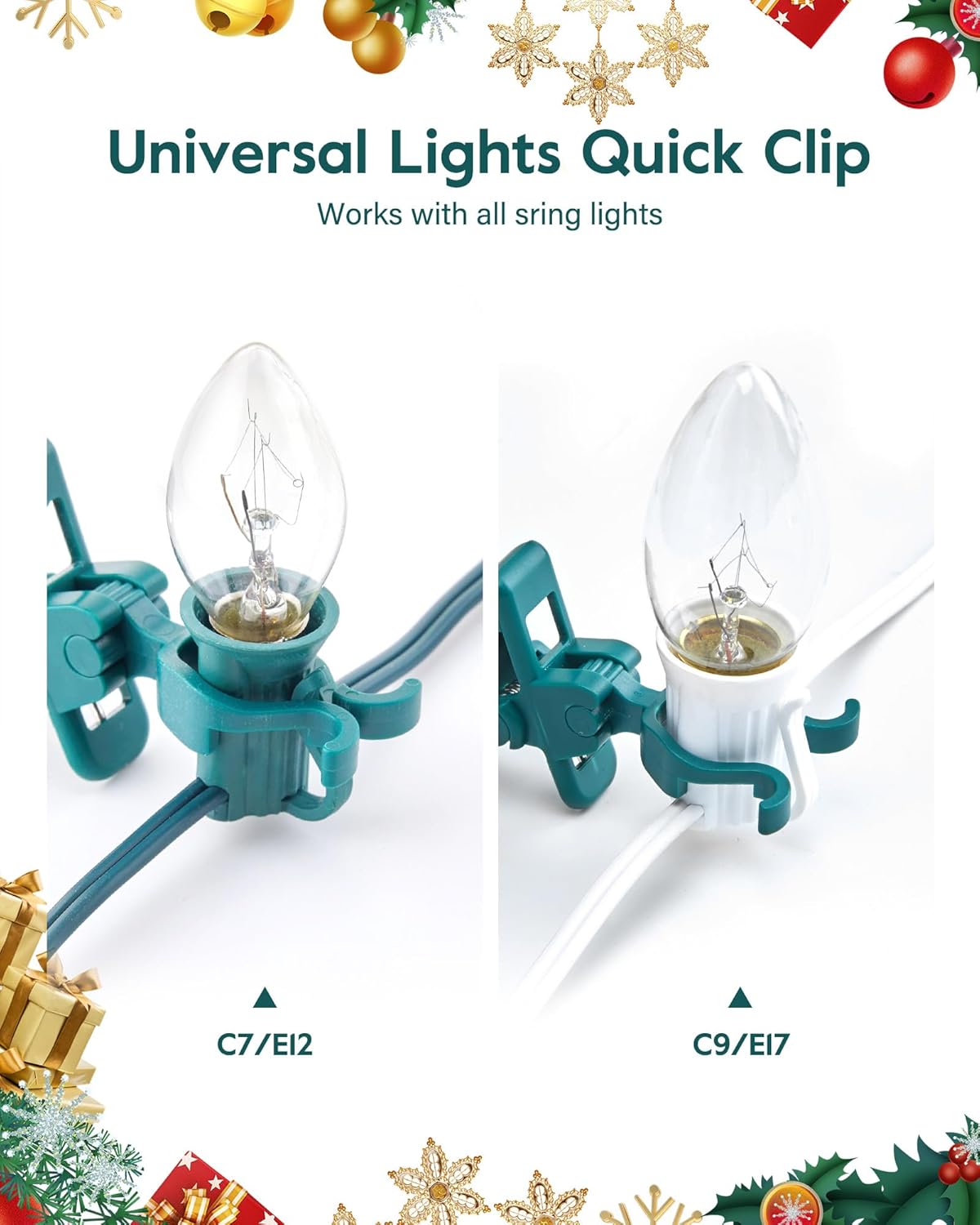 C7 C9 – Clips de resorte universales para luces navideñas, 50 clips de resorte rápido para decoraciones de luz navideña, clips de tejas y canalones