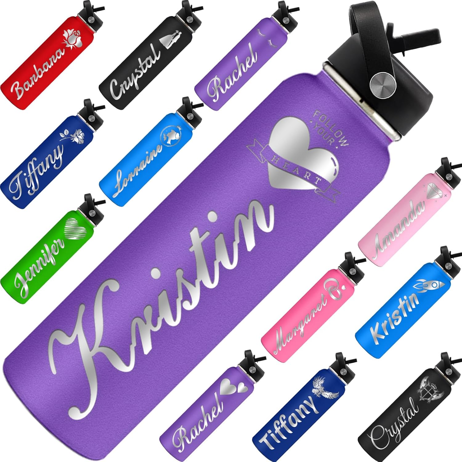 MaWeeTn Botella de agua personalizada con aislamiento personalizado con tapa con popote, botellas de acero inoxidable grabadas personalizadas de 24