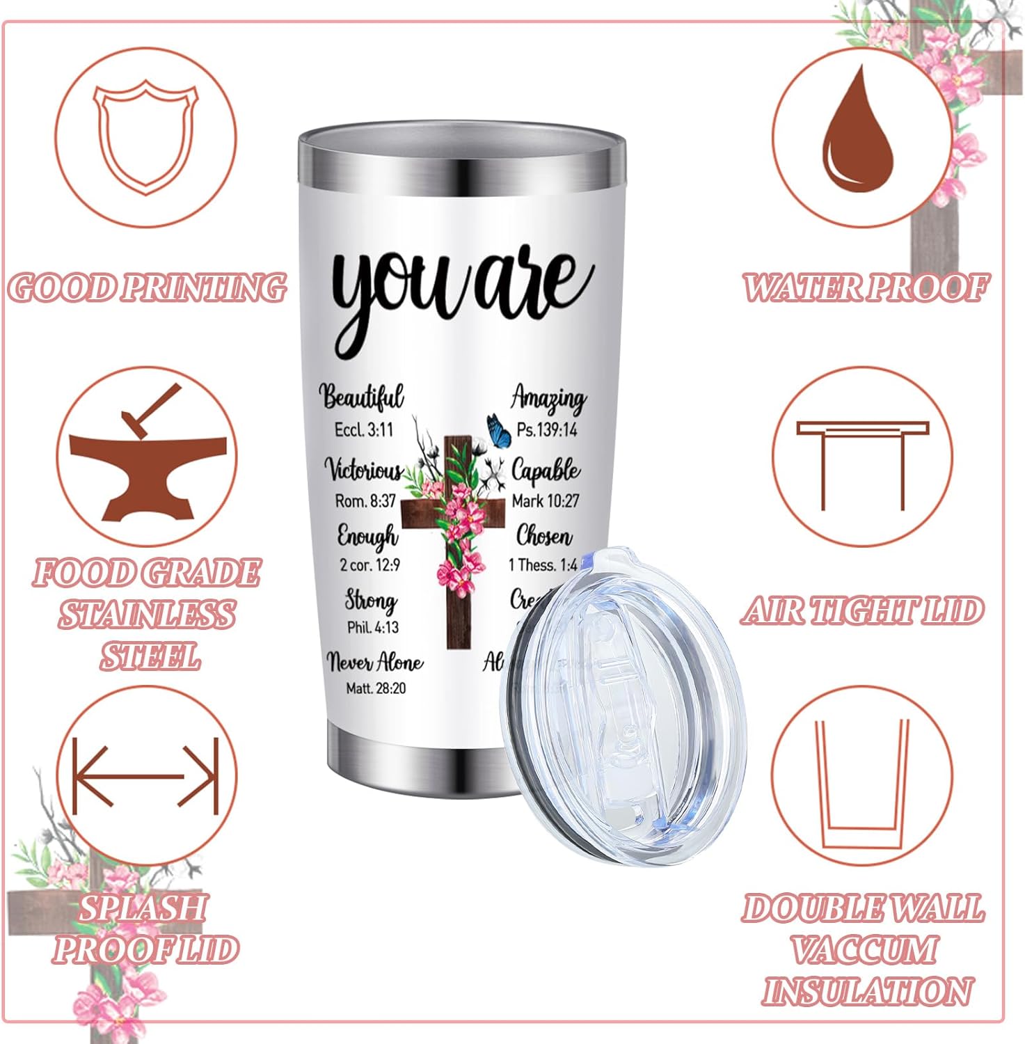 Tioncy Regalos cristianos para el día de la madre, regalos espirituales para mujeres, vaso de acero inoxidable de 20 onzas y bolsa de cosméticos