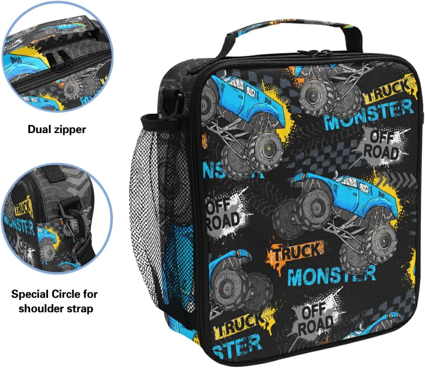 Lonchera para niños y niñas, bolsa térmica con aislamiento térmico Monster Truck Car Trace, kit de bolsa de almuerzo reutilizable para viajes