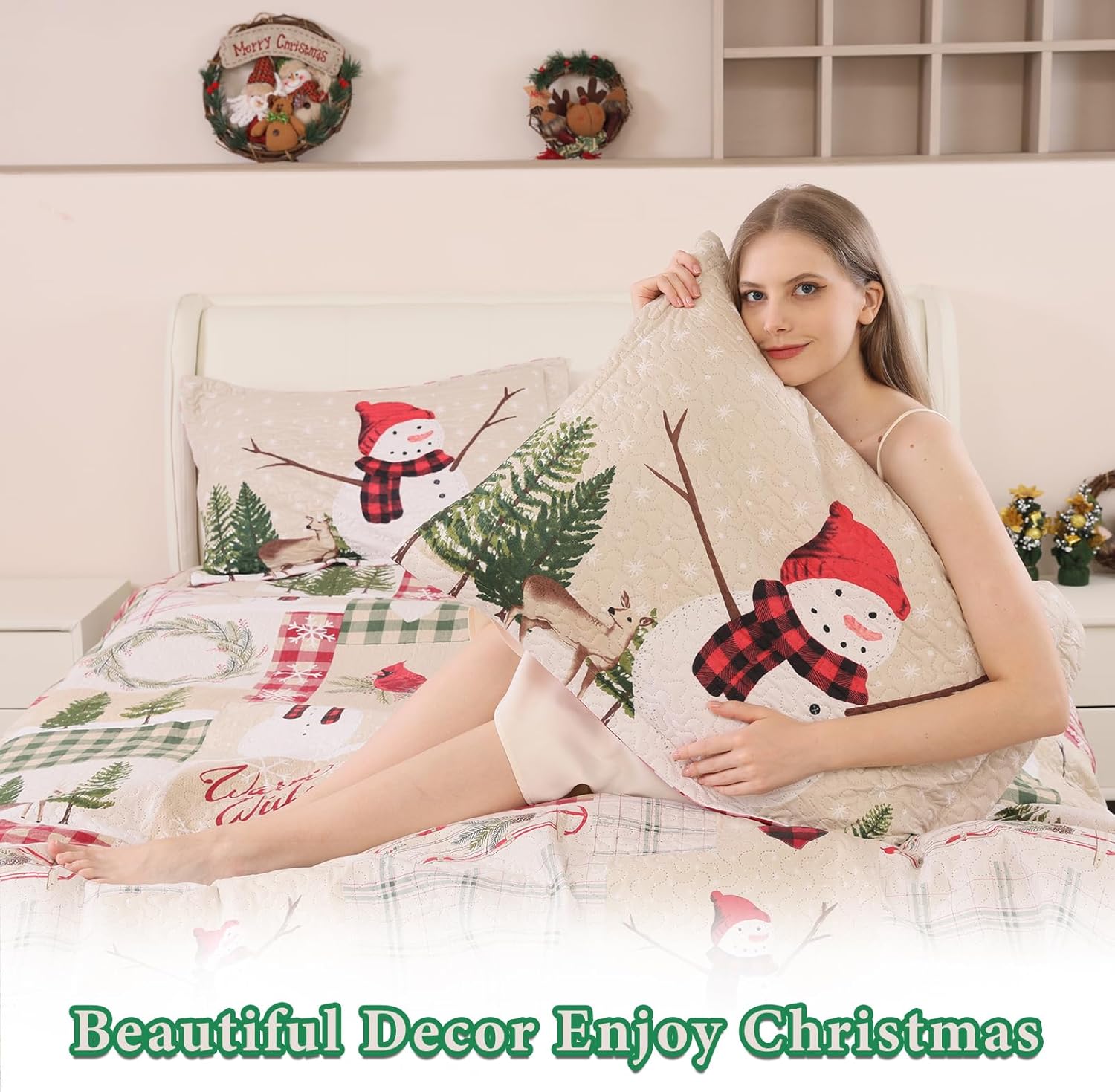 CHESITY Juego de ropa de cama de Navidad de tamaño matrimonialqueen, edredones reversibles de Navidad, edredones rústicos de ciervos, colcha a