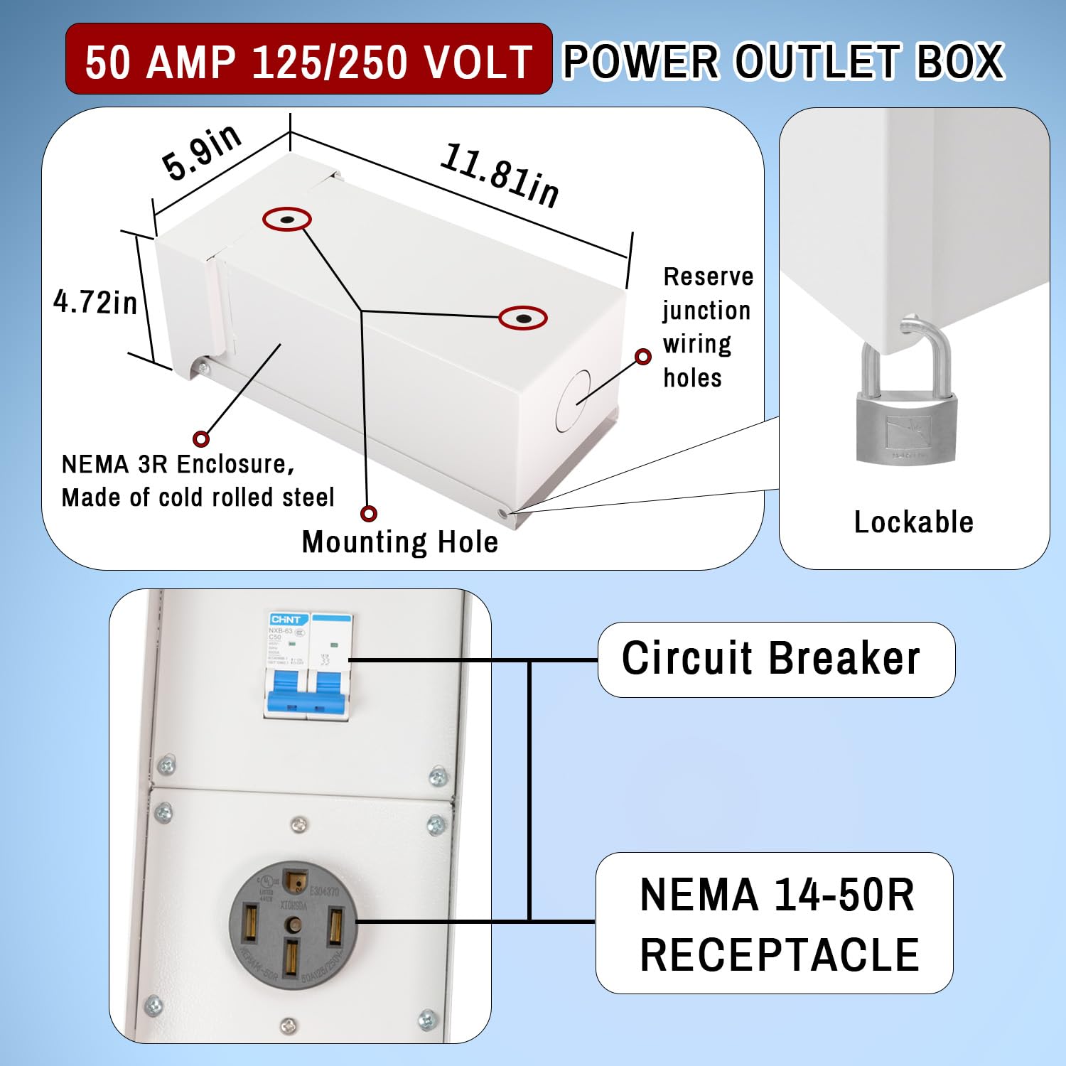 Toma de corriente RV de 50 amperios con disyuntor, receptáculo de exterior con cerradura para RV con carcasa impermeable NEMA-3R, NEMA 14-50R,
