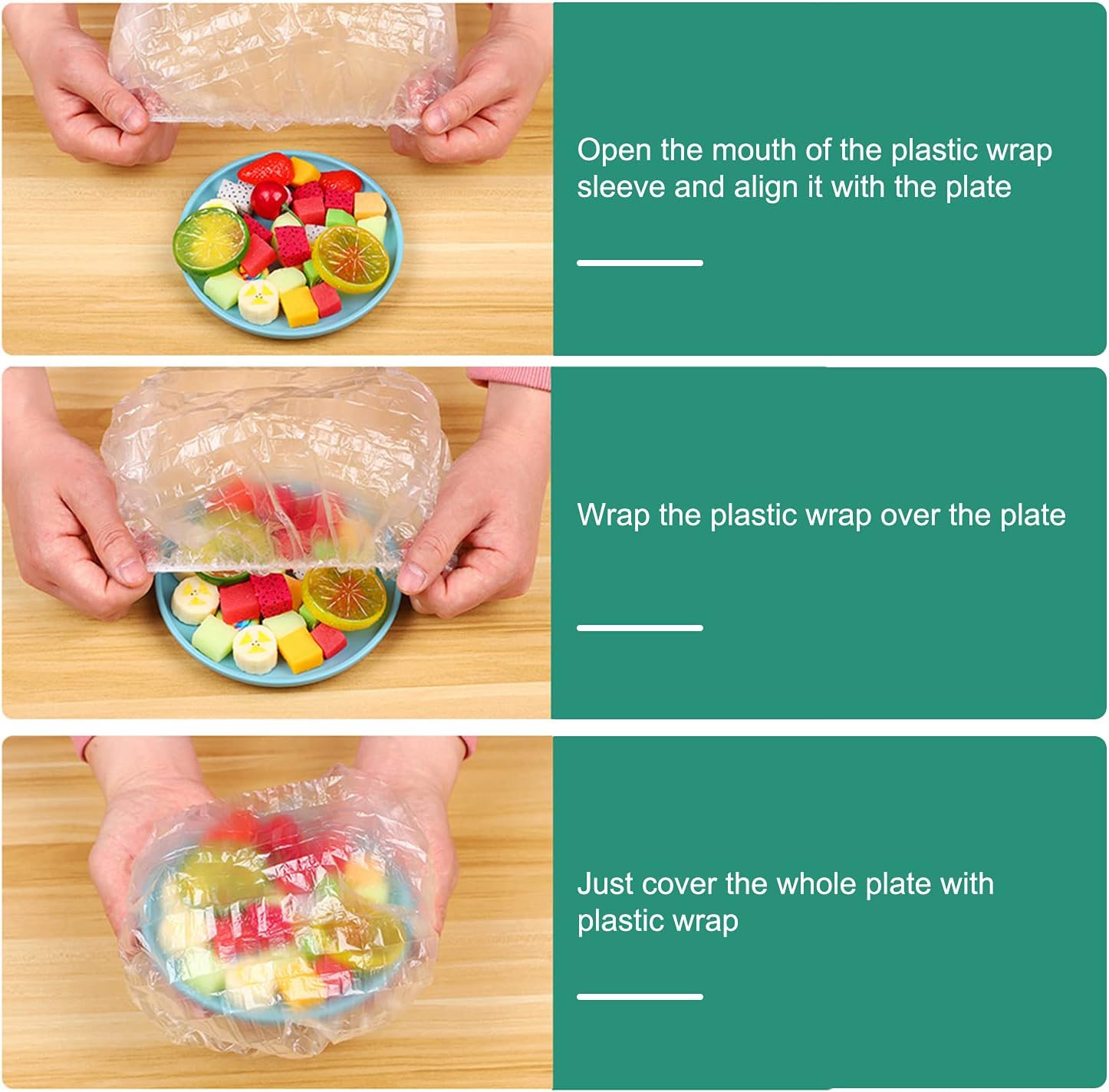 100 fundas elásticas reutilizables para almacenamiento de alimentos, cubiertas de plástico transparentes para platos de comida al aire libre