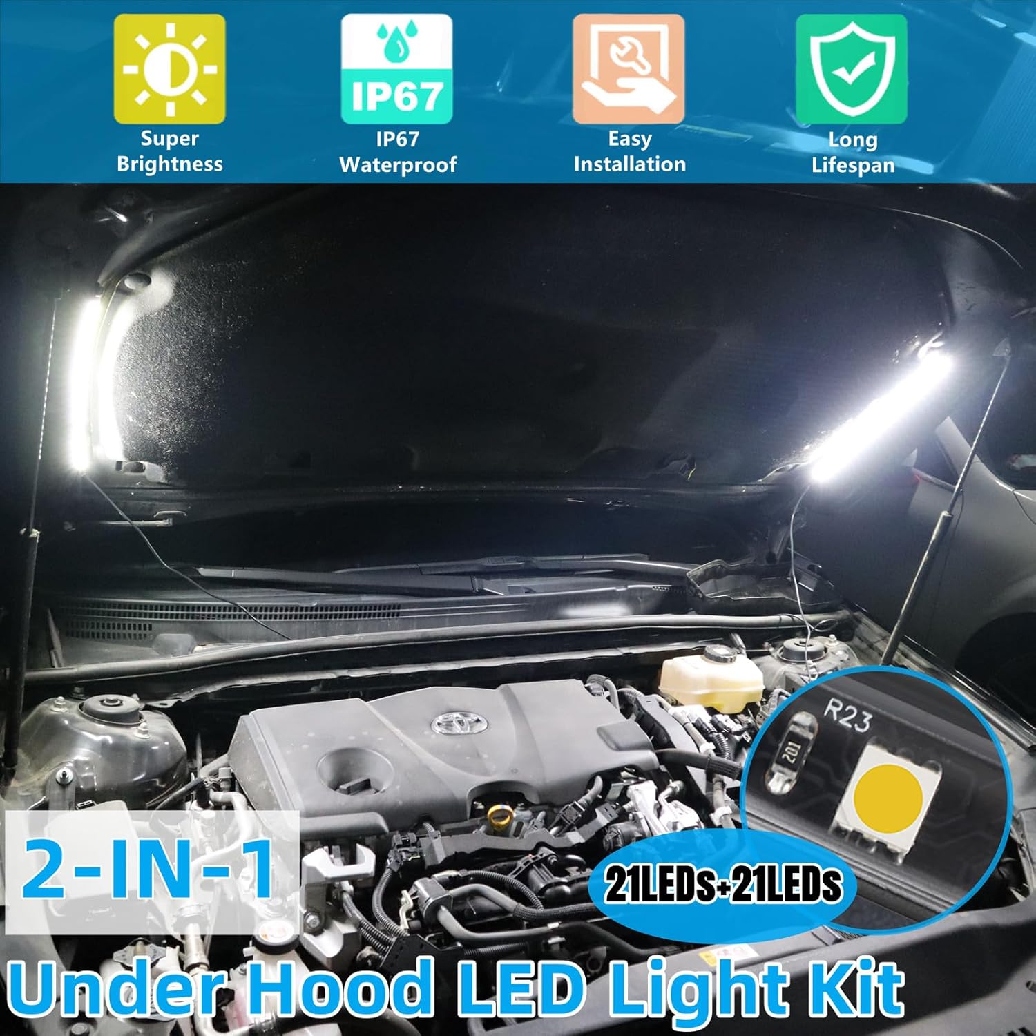 GreceYou Kit de luz LED 2 en 1 debajo del capó, barra de luz LED impermeable de 12 V para automóvil, luces de trabajo bajo el capó con