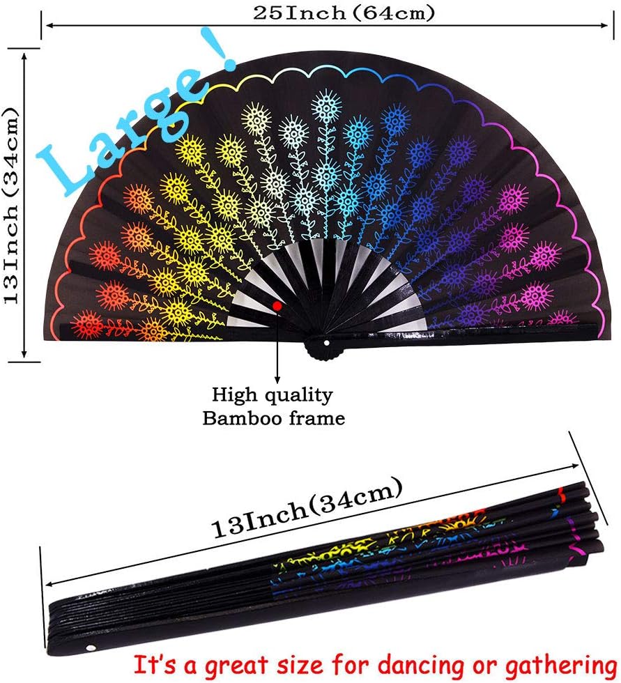 Amajiji Ventilador plegable grande para mujereshombres, ventilador plegable de mano de bambú chino y tela de nailon, ventilador plegable de mano,