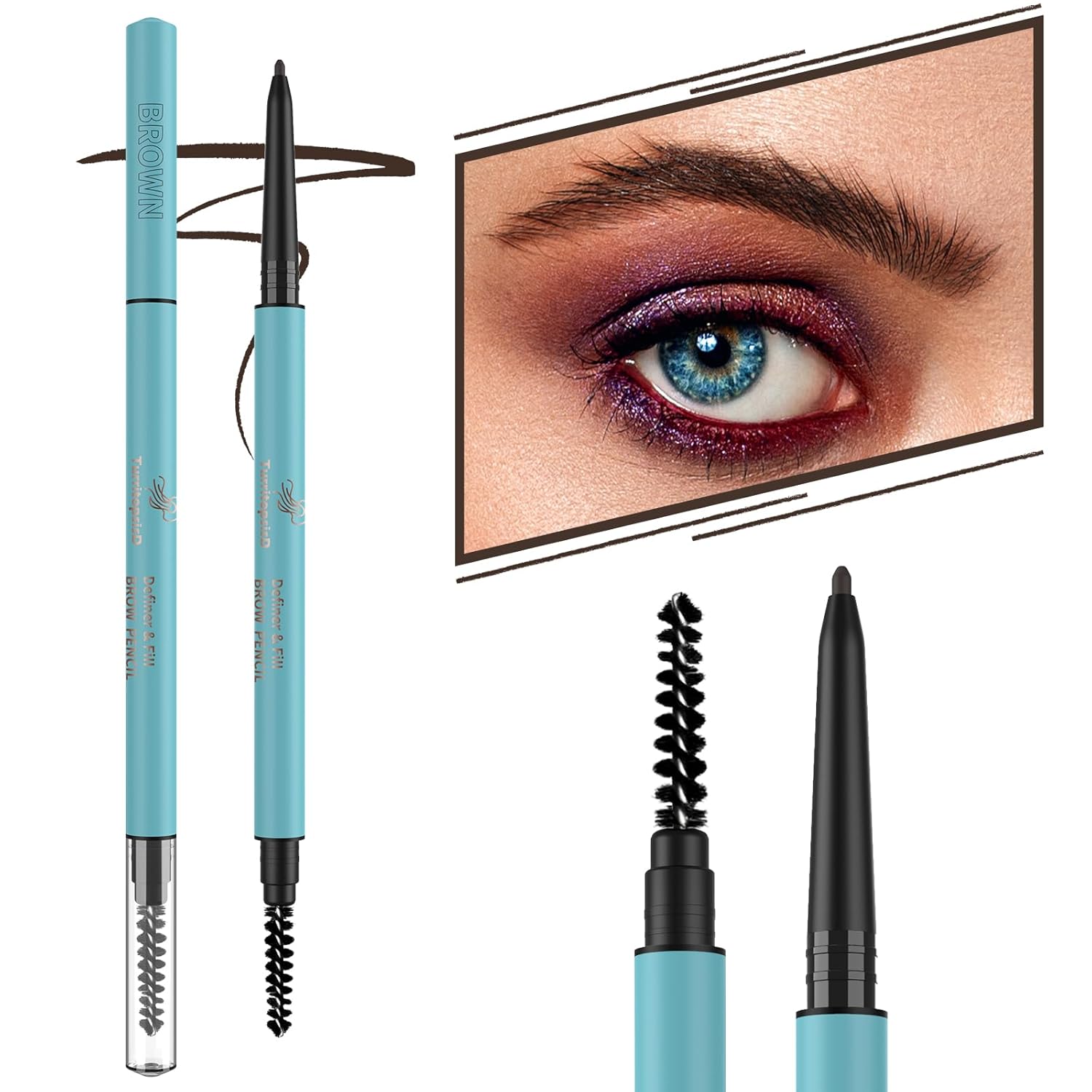 TurritopsisD – Lápiz de cejas para definir y rellenar (paquete de 2 unidades, marrón claro). Lápiz de cejas profesional resistente al agua, punta