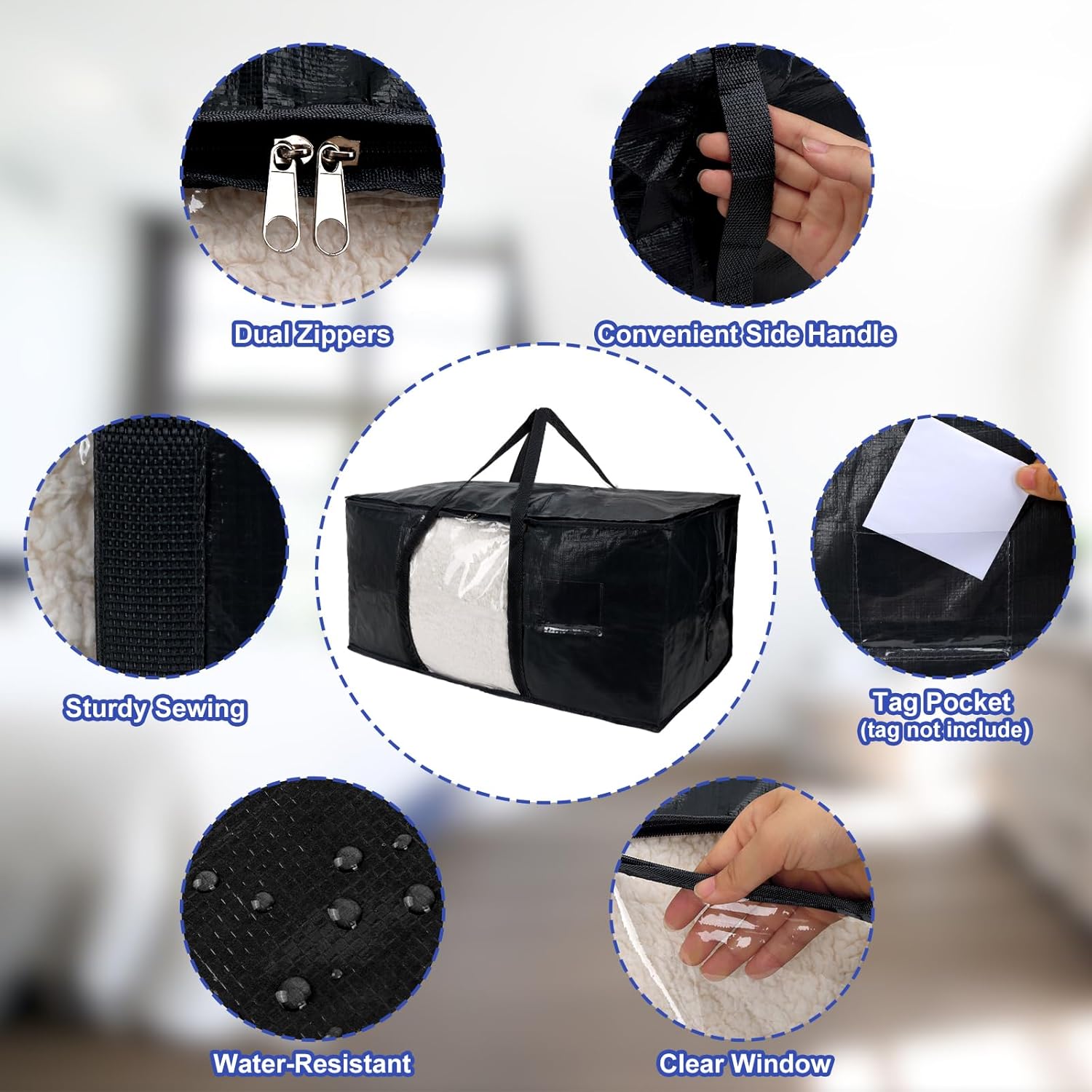 Fixwal Bolsas de mudanza resistentes, paquete de 6, 93 L, color negro, bolsas de almacenamiento con asas resistentes y ventana visible, ahorro de
