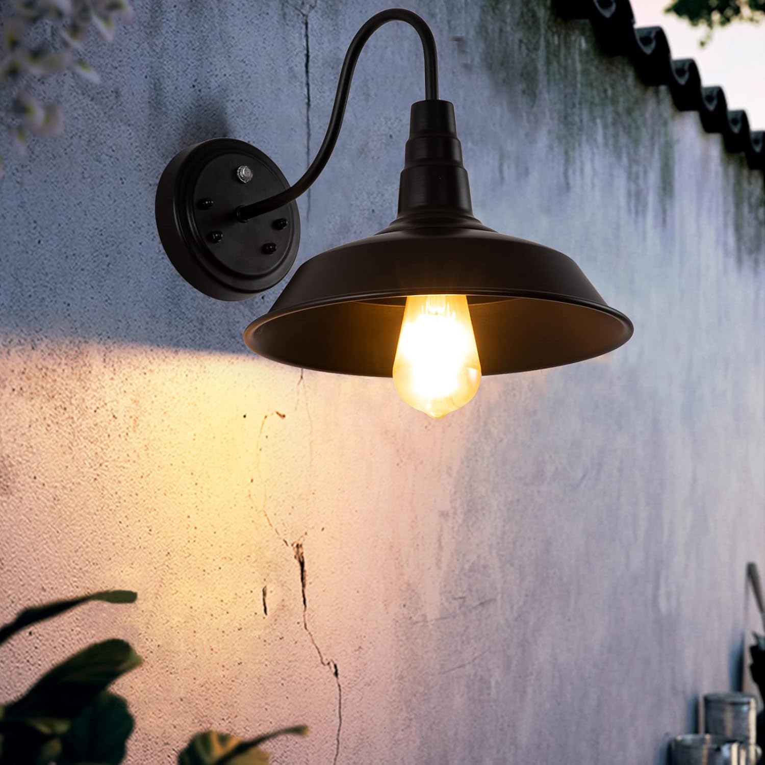 LUOULMI Lámpara de granero para exteriores, cuello de cisne de granja, lámpara de montaje en pared exterior, negro mate, industrial impermeable,