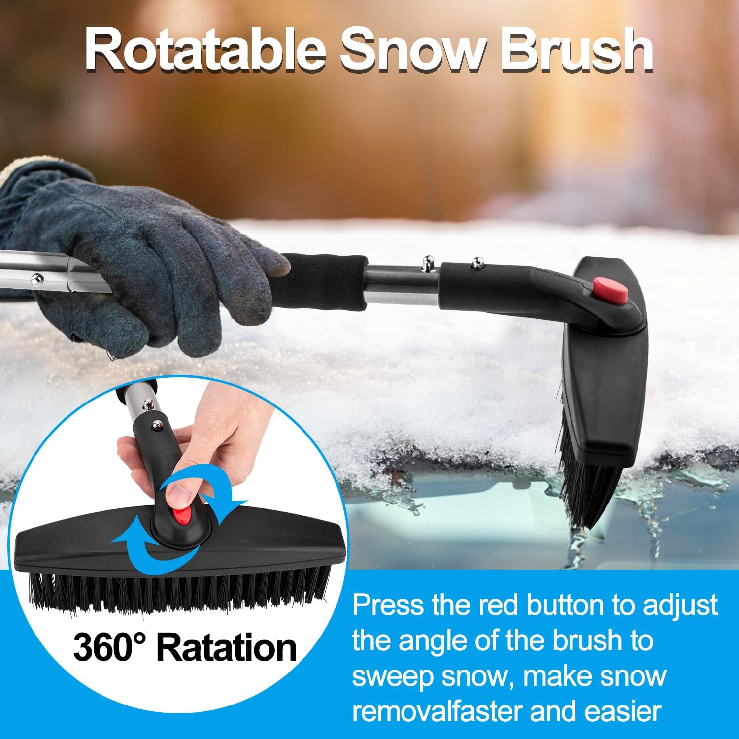LESOLEIL Kit de pala de nieve, pala de nieve 3 en 1 con raspador de hielo y cepillo de nieve, kit portátil de eliminación de nieve de acero