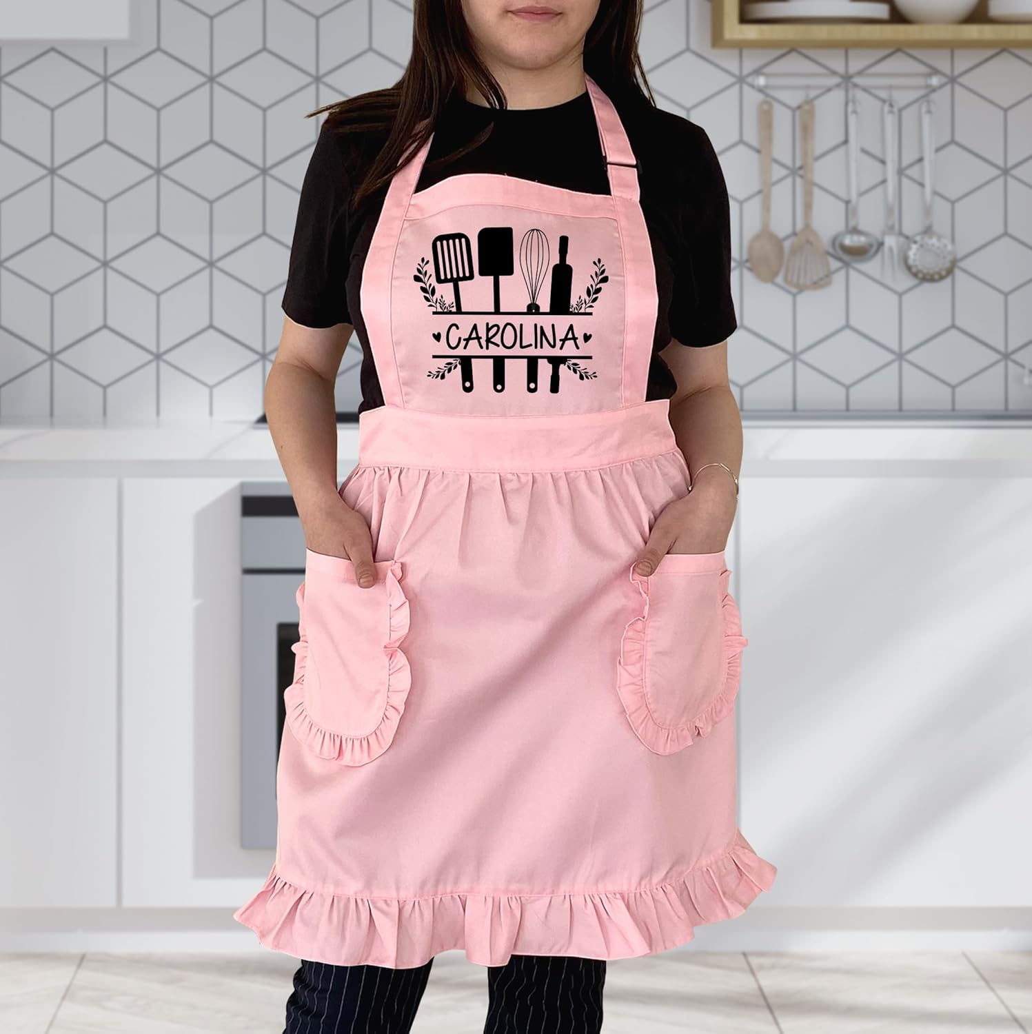 TEEAMORE Delantal con volantes personalizados para cocina, cocción, parrilla, limpieza, disfraz de criada, delantal retro con bolsillos