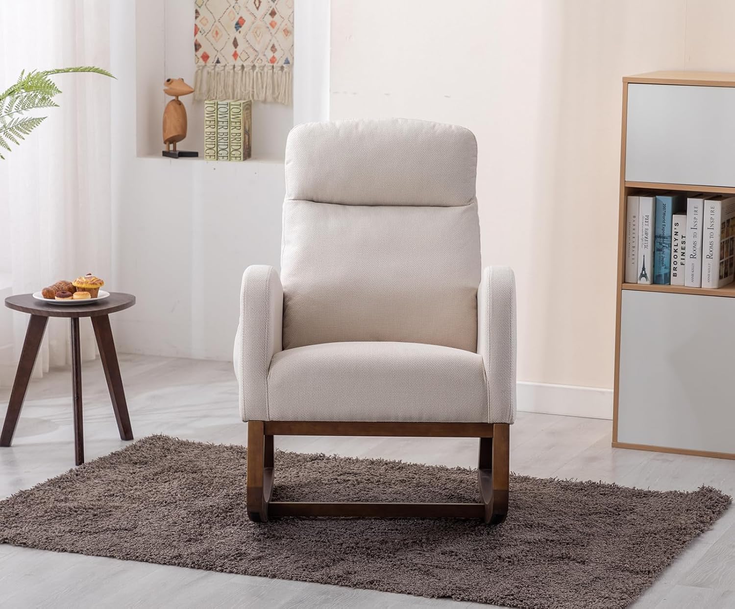 Mecedora moderna para guardería, silla mecedora tapizada con bolsillo lateral, cómoda silla de guardería con respaldo alto, sillón decorativo con