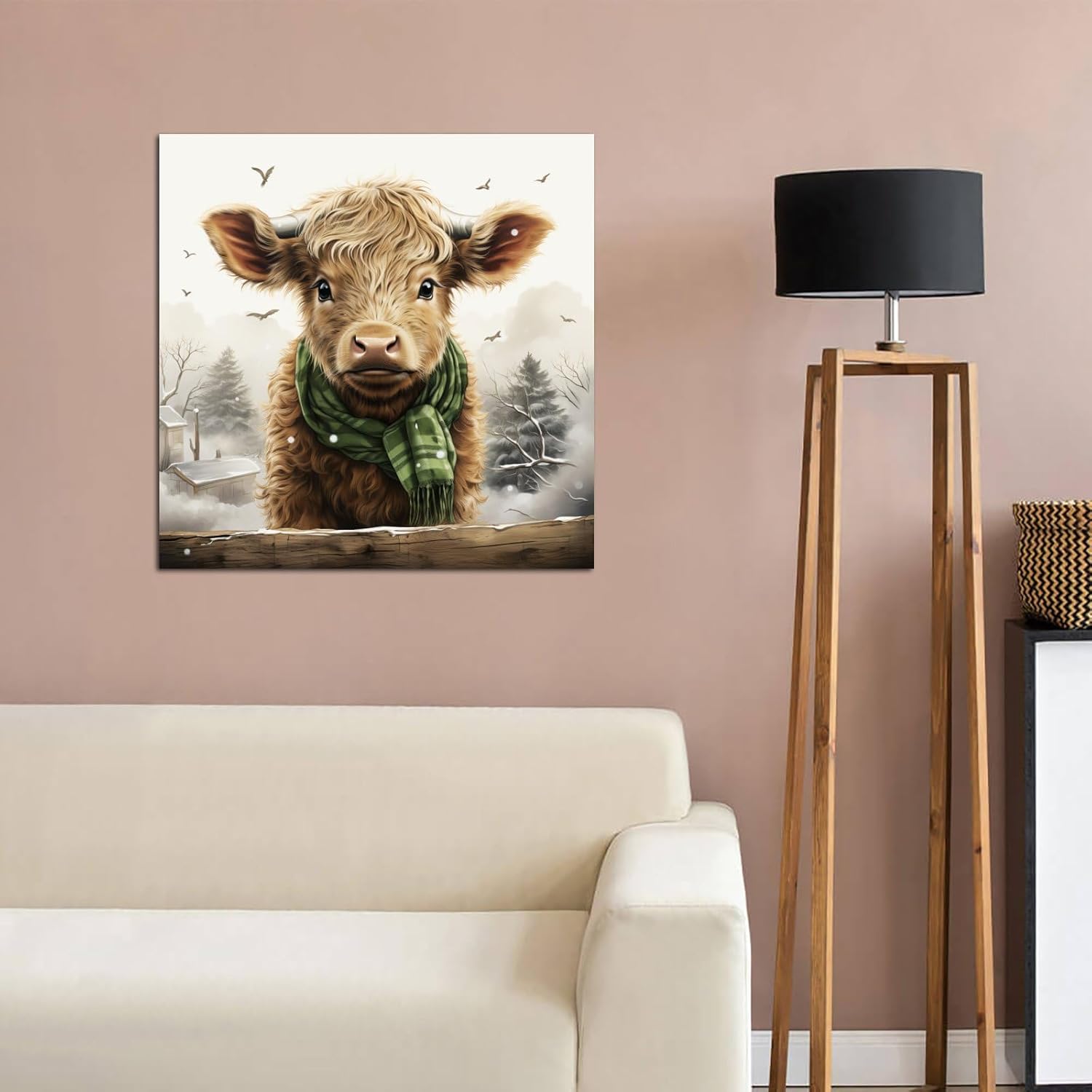 Un becerro de las tierras altas con un sombrero y bufanda de lana a cuadros verdes, póster, pintura decorativa, lienzo, arte de pared, póster de