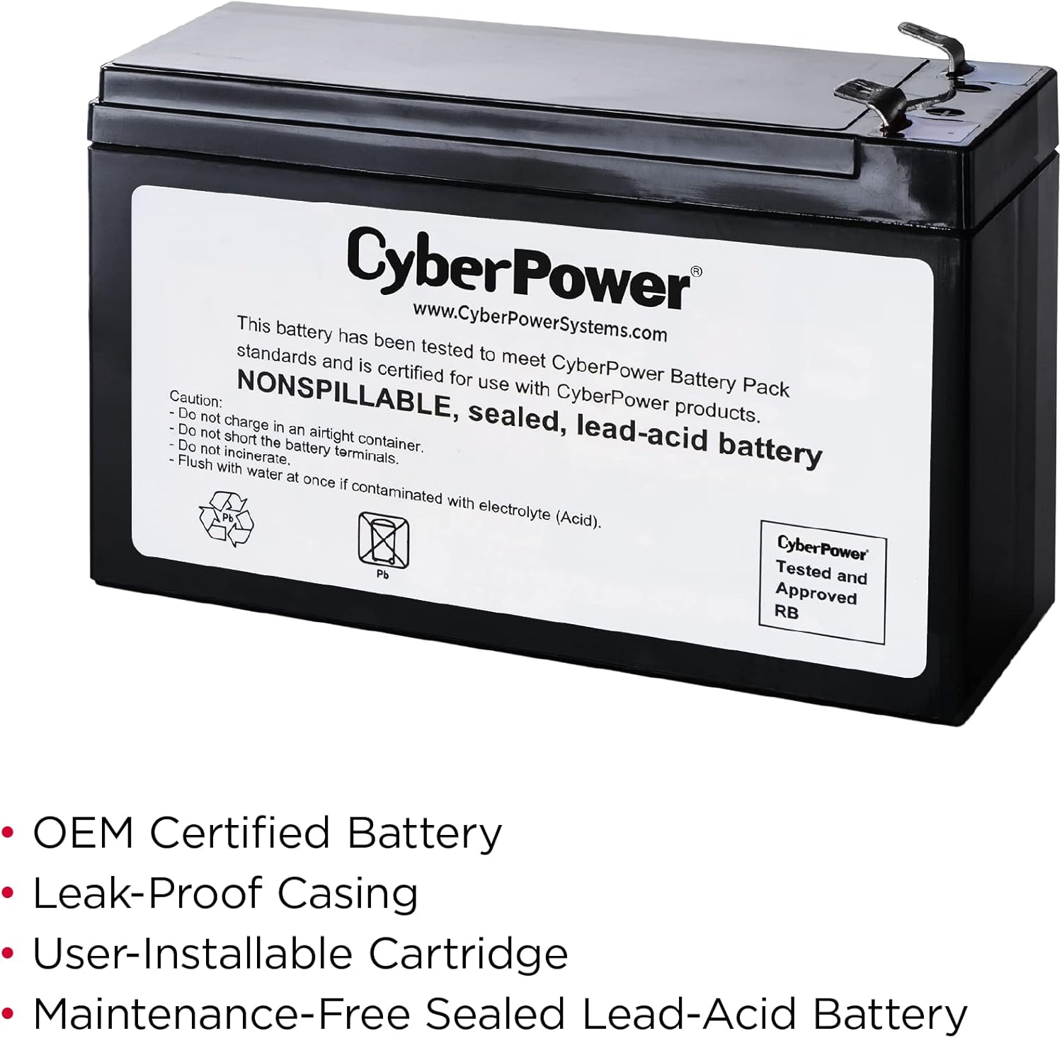 CyberPower RB1280A – Cartucho de batería de repuesto para UPS, sin mantenimiento, instalable por el usuario, 12V9Ah