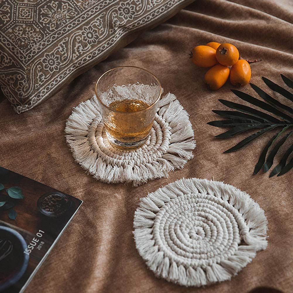 Posavasos de macramé hechos a mano para bebidas, juego de 2, posavasos redondos de algodón tejido absorbente, resistentes al calor, manteles de
