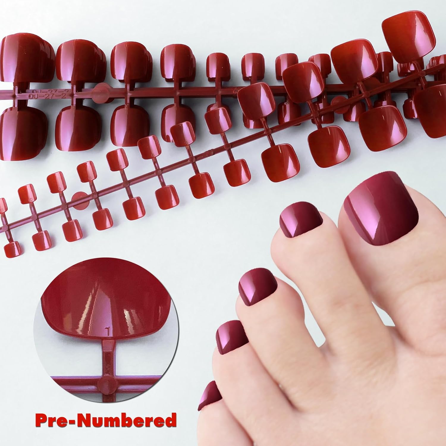 LoveOurHome Uñas postizas a presión de color rojo, cobertura completa, uñas postizas brillantes y cortas, cuadradas, 240 unidades, puntas acrílicas