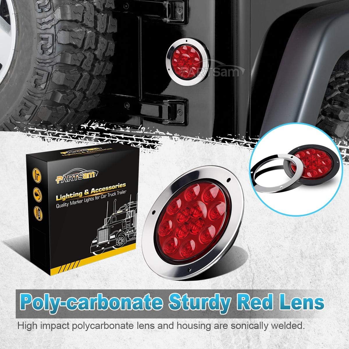 Partsam 8 luces traseras LED redondas de 4 pulgadas, color rojo, 12 LED, montaje en brida, camión, remolque, caravana, freno, marcador de giro,
