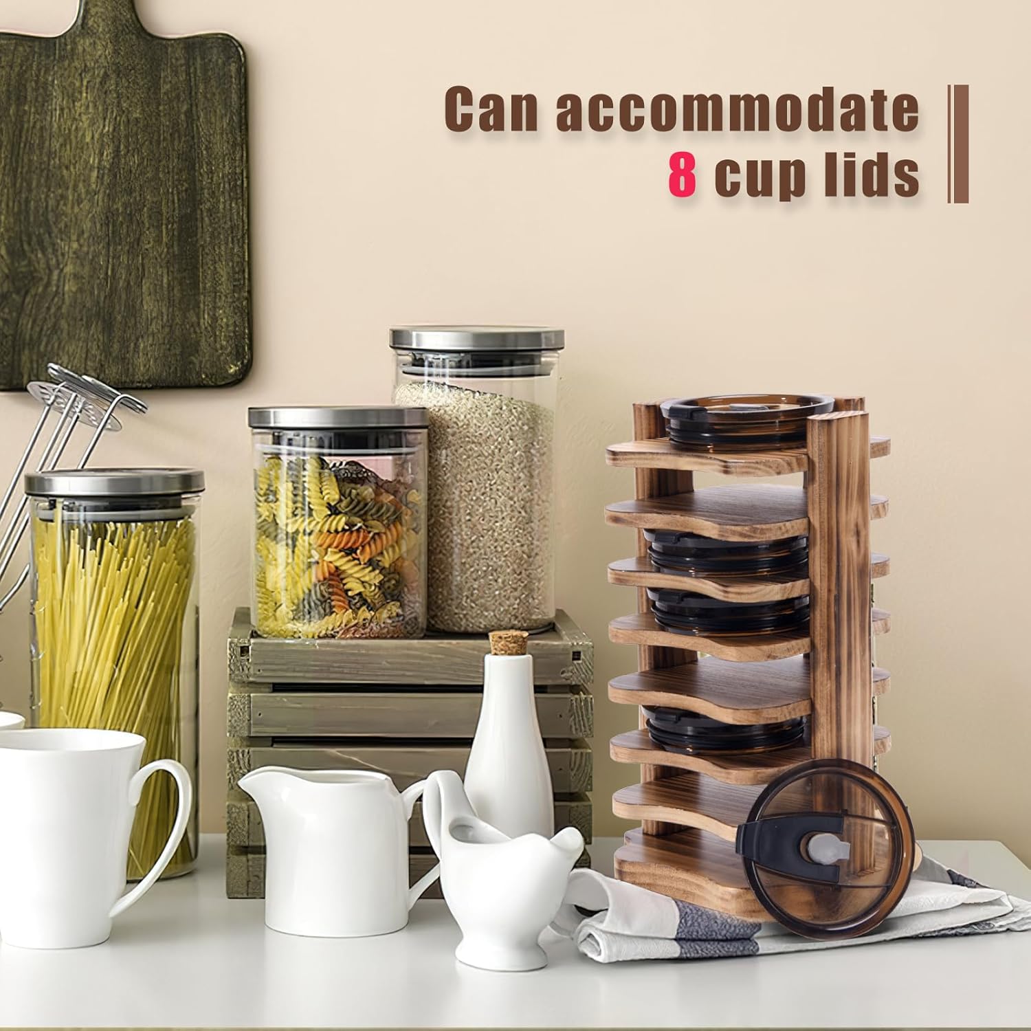 Organizador de tapa de vaso para armarios de cocina, estante de almacenamiento de tapa de vaso de madera con soporte de 8 niveles, organizador