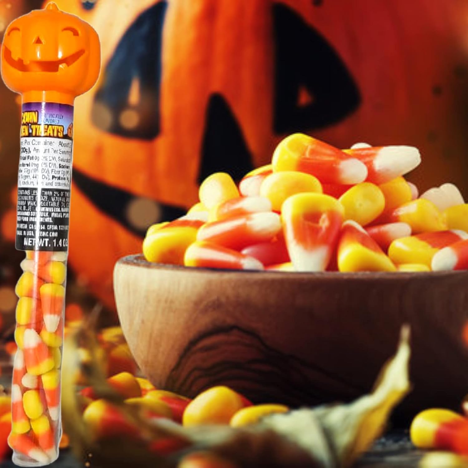 Tubos de plástico naranja con tapa de calabaza, caramelos, maíz, golosinas de Halloween, recuerdos de fiesta, caramelos con sabor artificial para