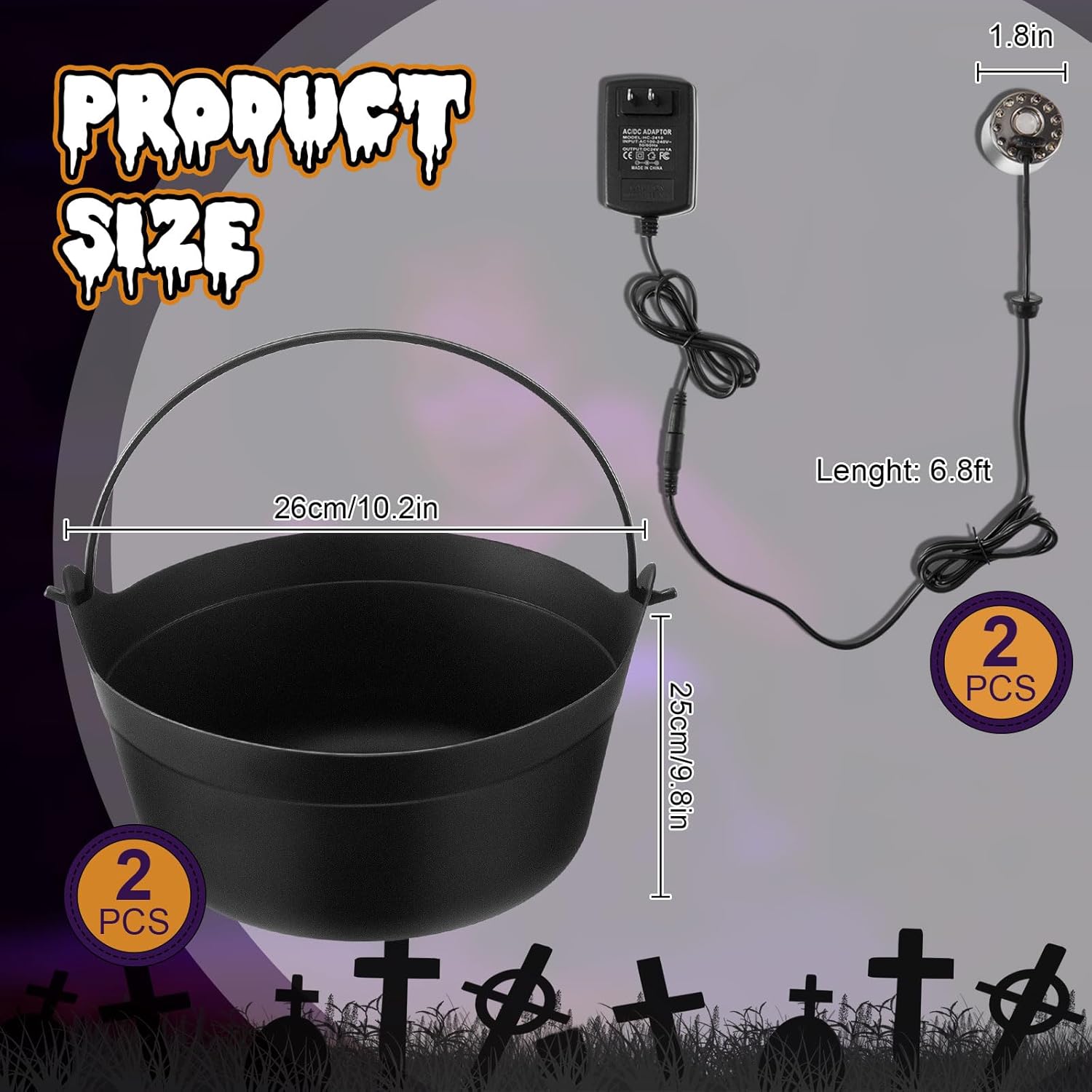 4 cubos de caldero de bruja negra de Halloween con nebulizador, 2 cubos de plástico para dulces de dulce o truco, 2 unidades, enchufe, 12 luces LED,