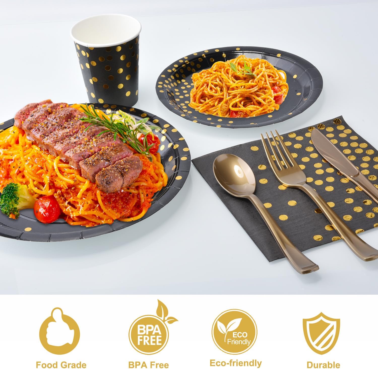 Suministros de fiesta negros y dorados, juego de vajilla desechable de 105 piezas, sirve 15, platos de papel negro, servilletas, vasos, tenedores de